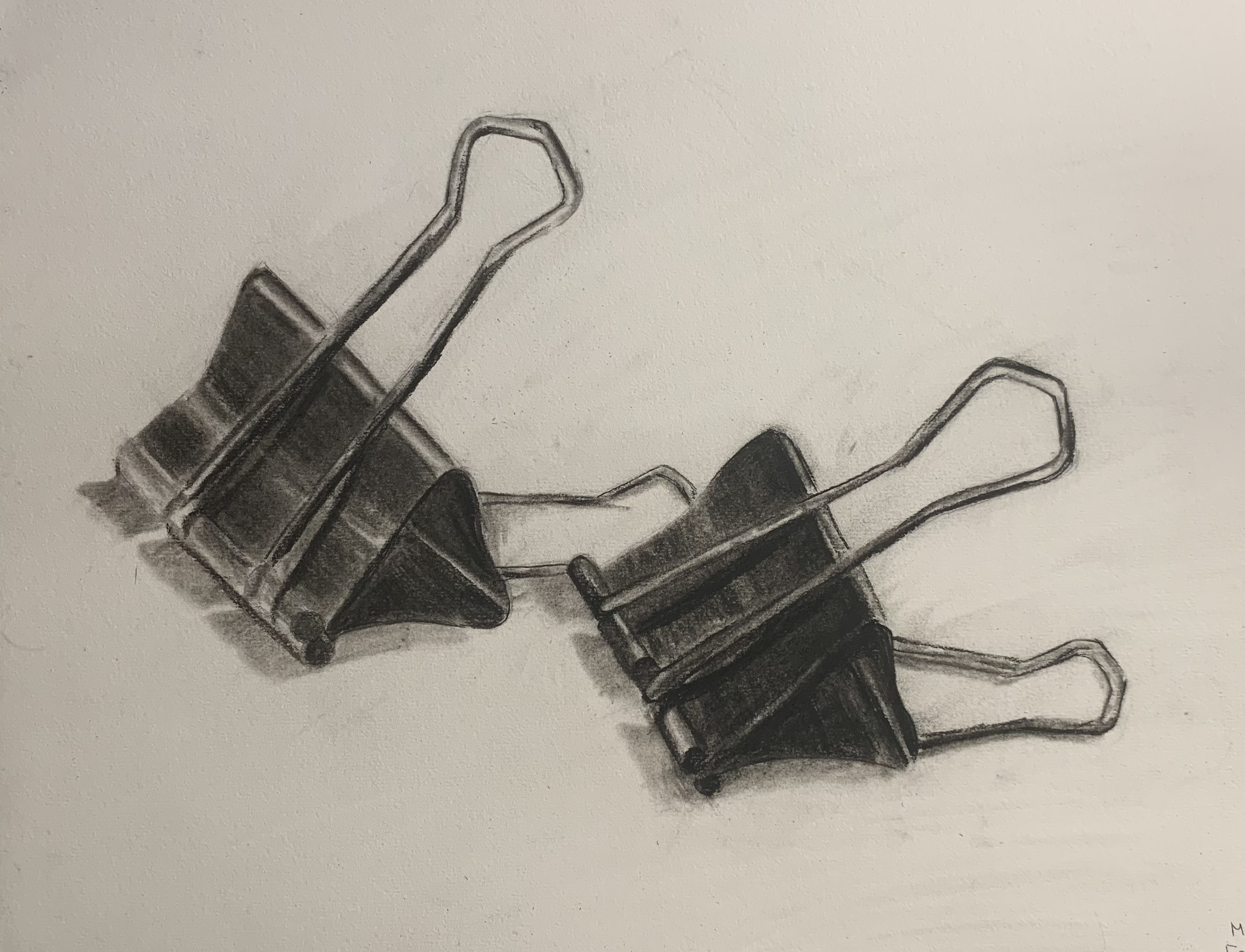 A pencil drawing of two black binder clips in close study