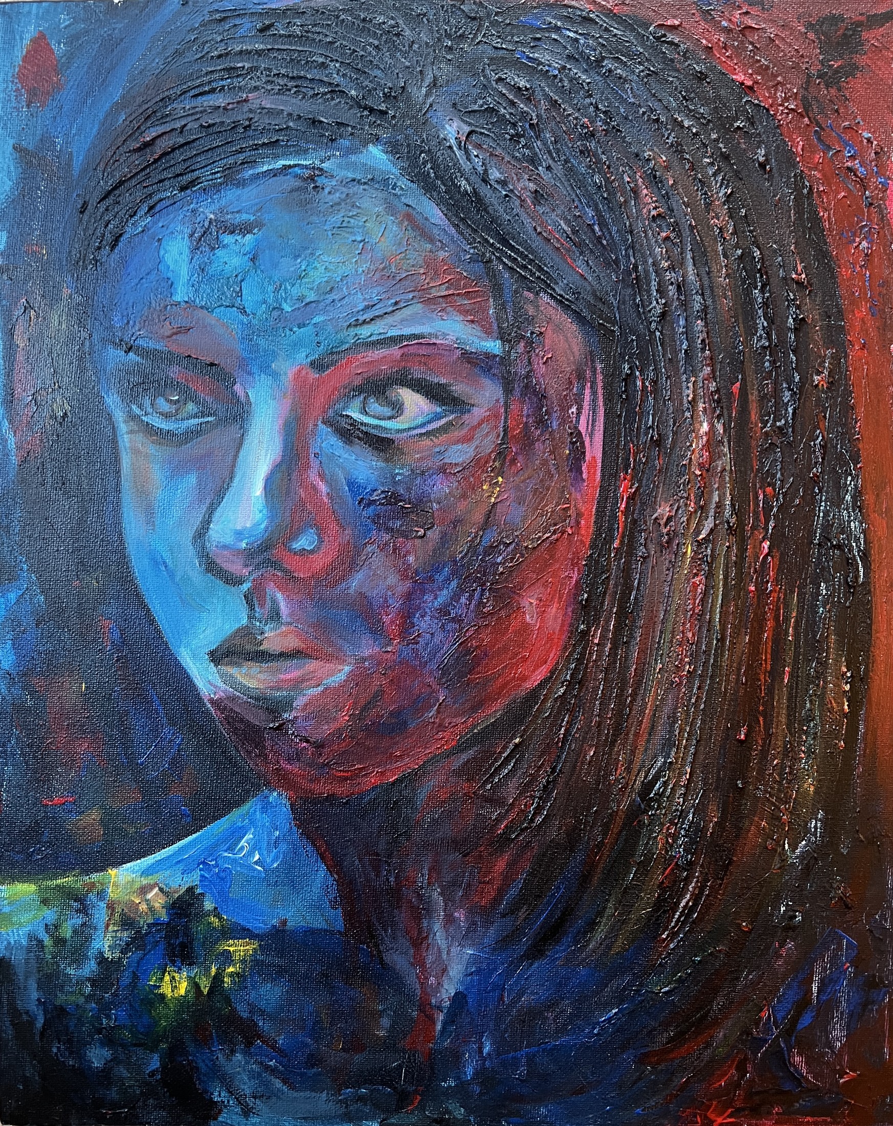 An expressive portrait painting rendered in blue tones