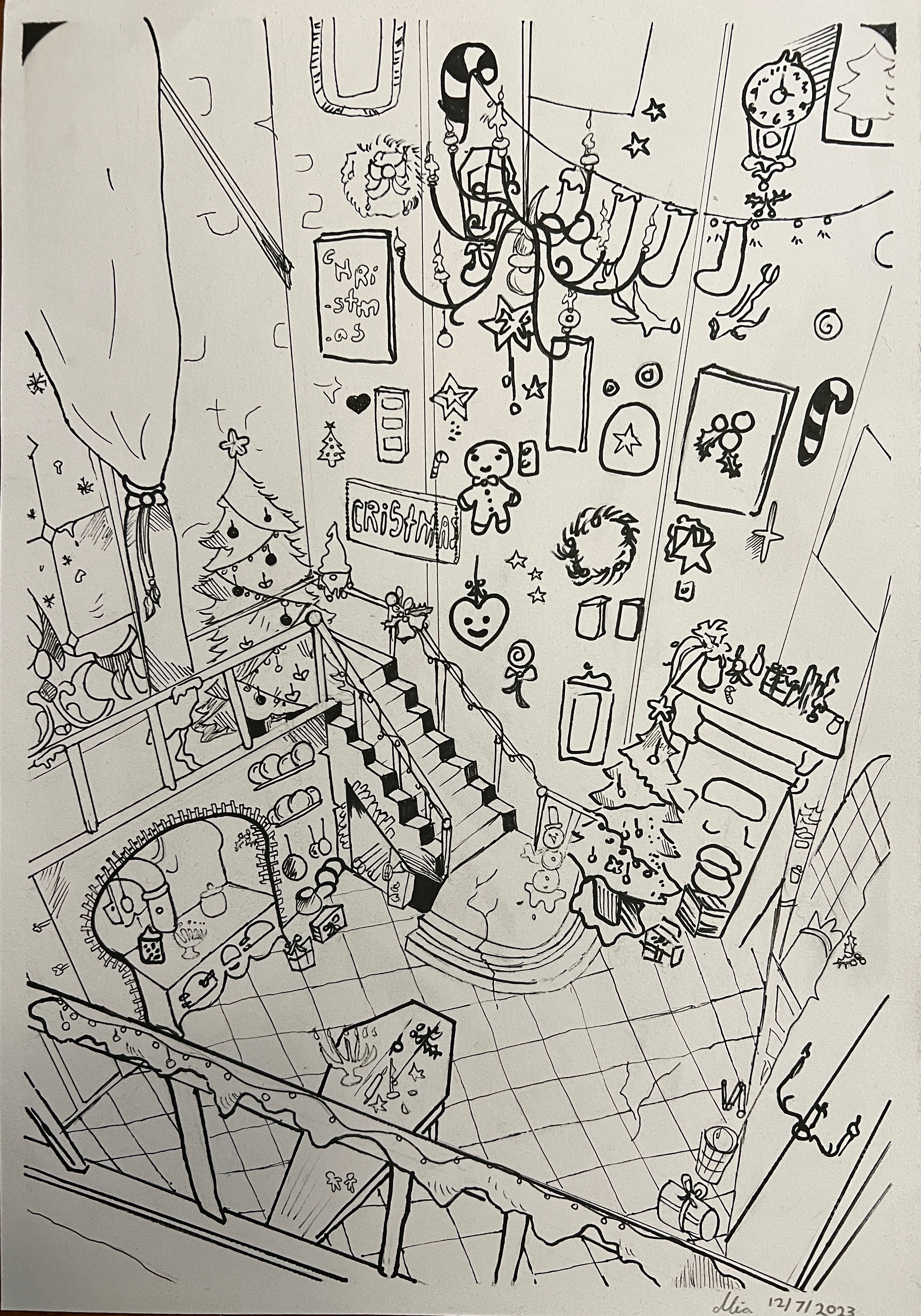 A detailed ink line drawing of a staircase and landing decorated for Christmas, with a tree, garland, and stockings