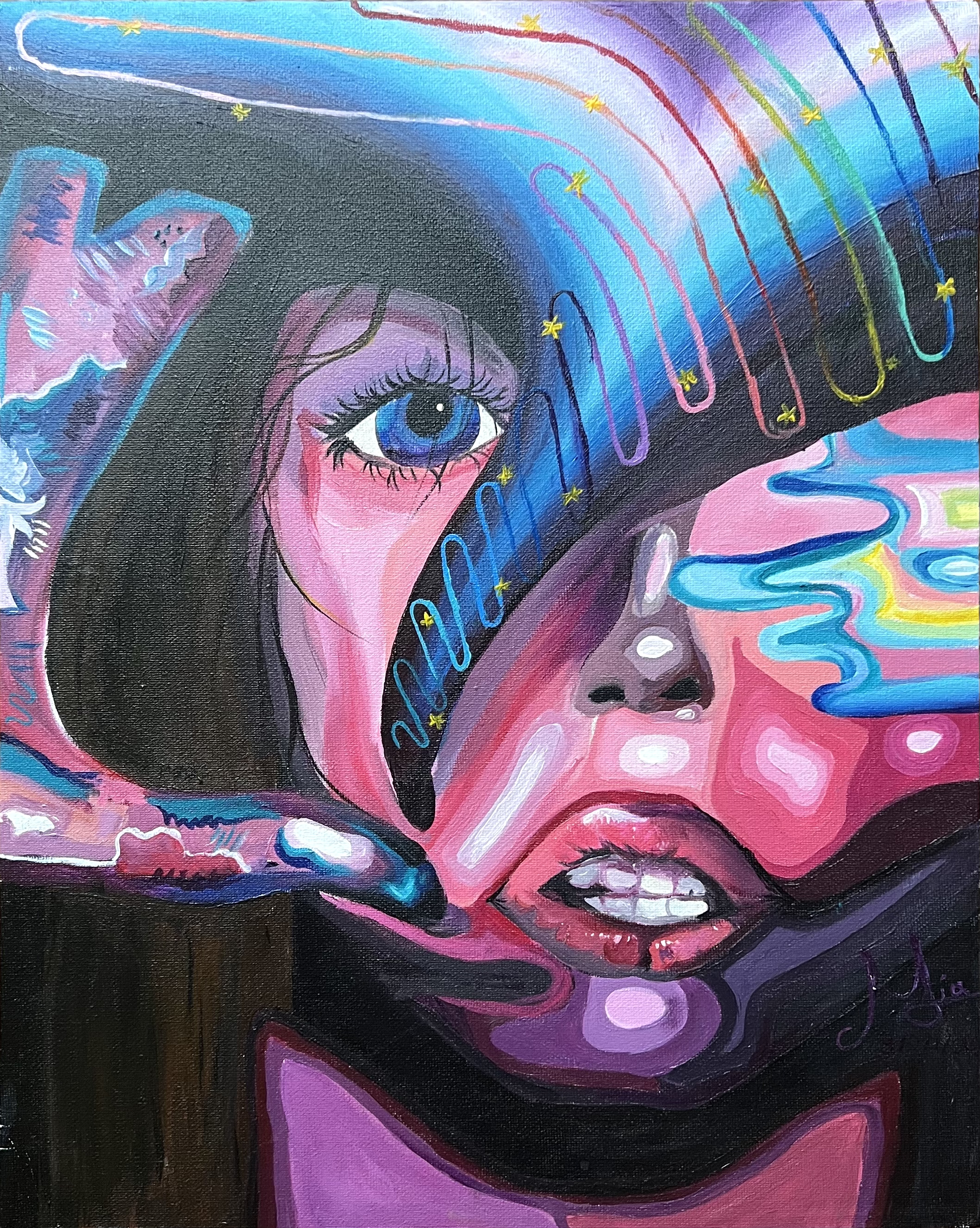 An expressive close-up painting of a face with one wide eye, colorful streaked hair, and a dripping paint effect
