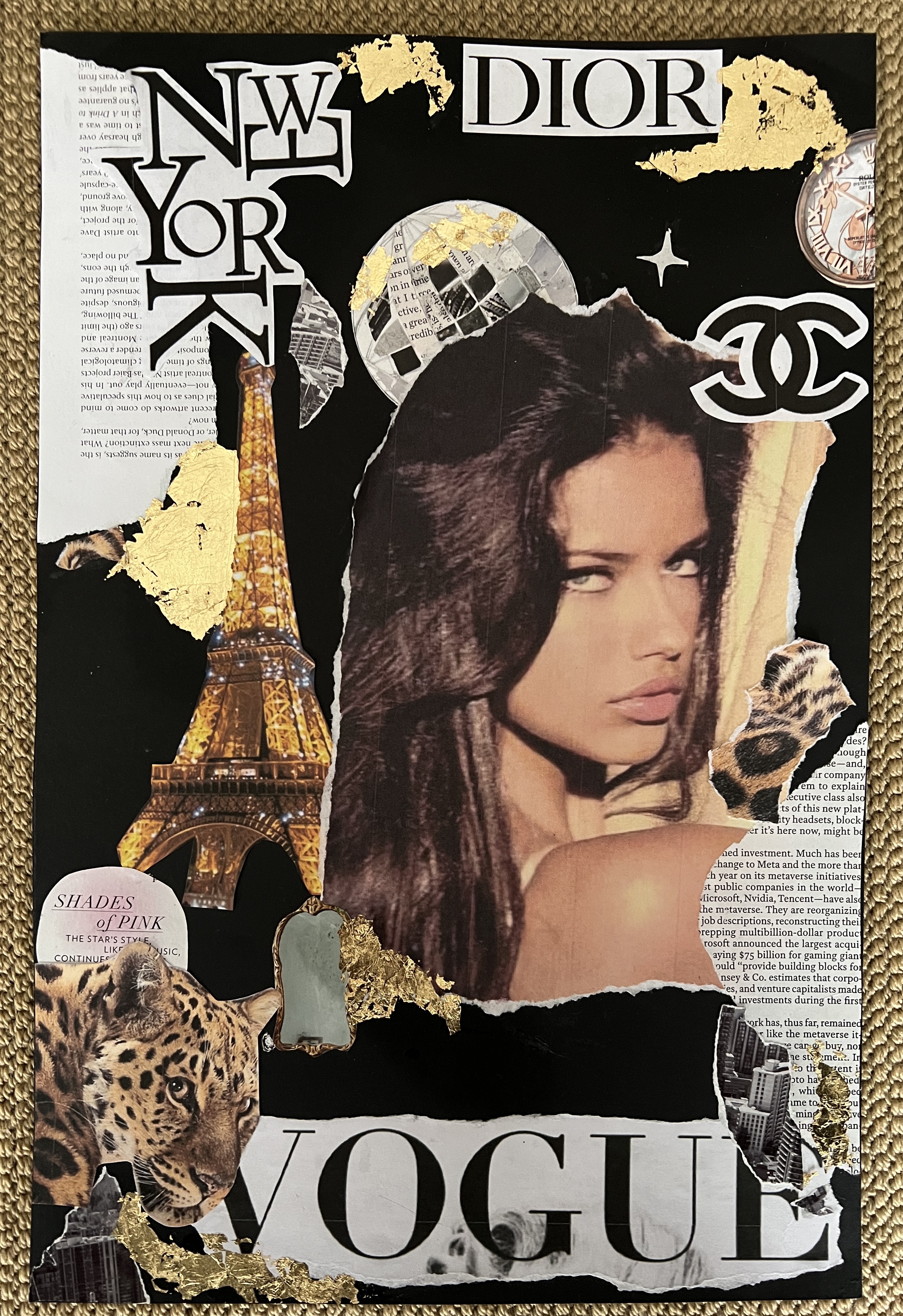 A mixed-media magazine clipping collage combining a fashion model, the Eiffel Tower, and fashion brand logos
