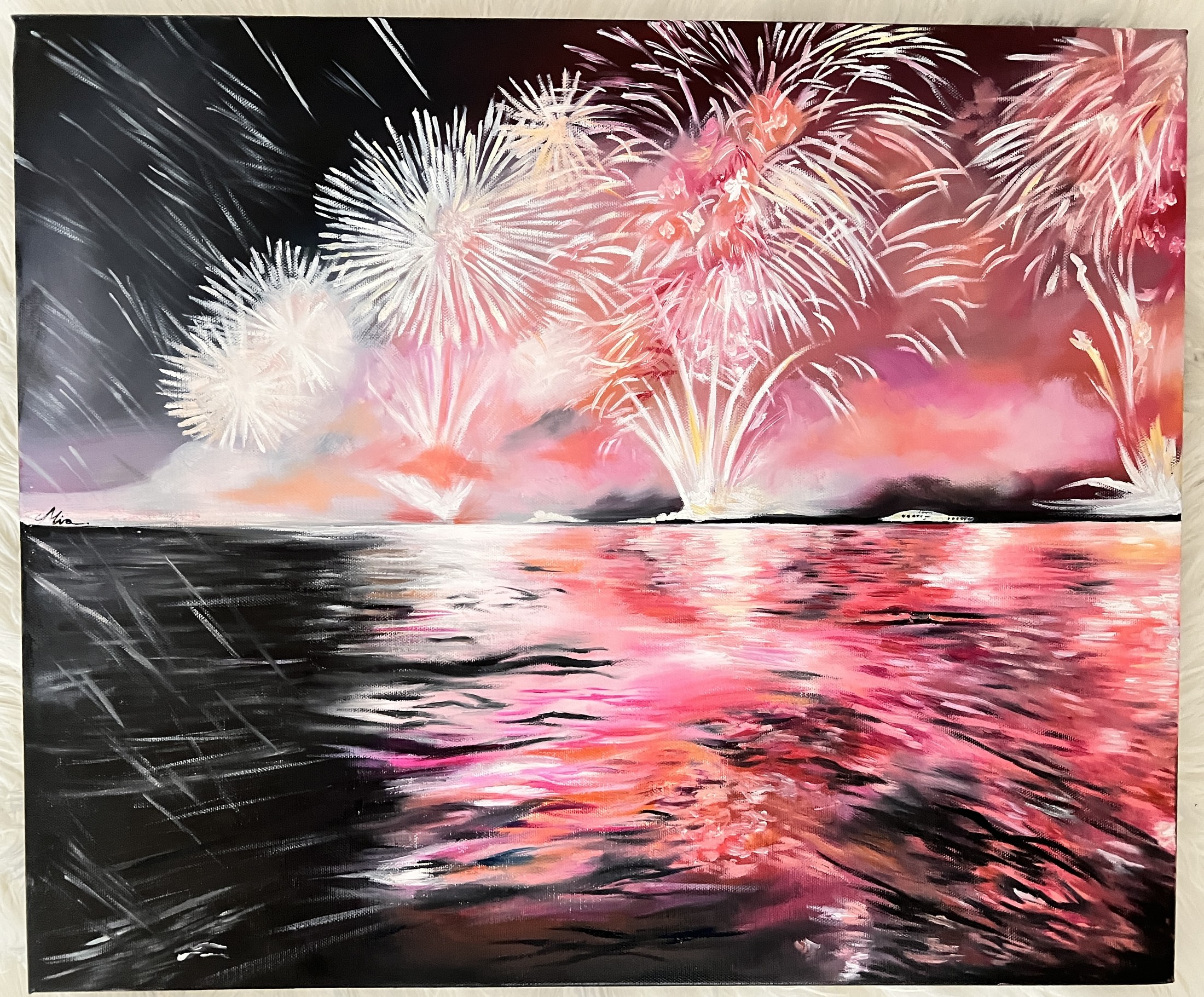 An oil painting of fireworks reflecting over dark water at night