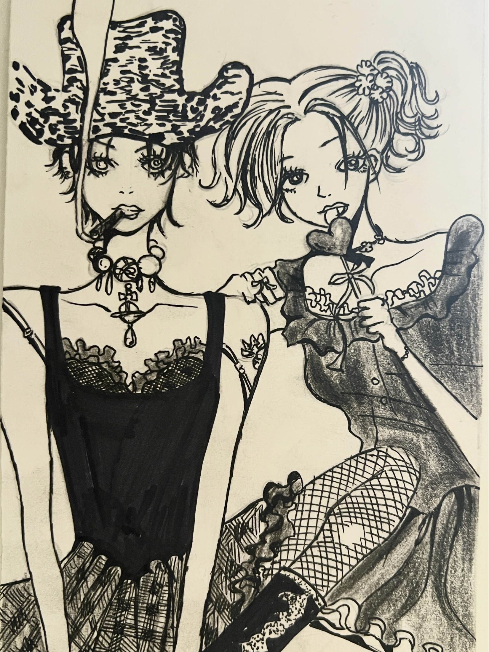 A pen-and-ink fashion illustration of two figures in gothic-style clothing