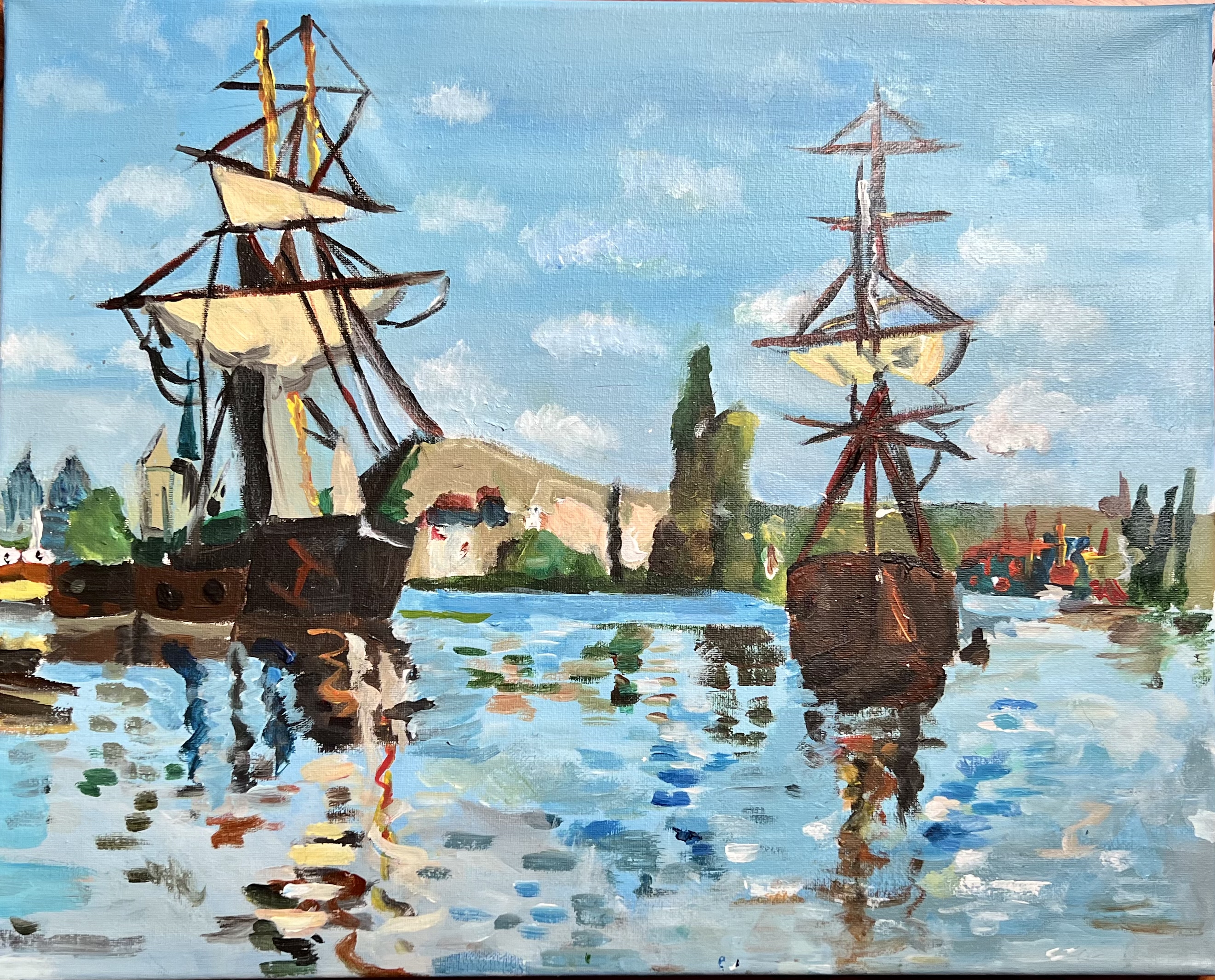 A painting of tall ships moored in a harbor, reflected in calm water, with a hillside town in the distance