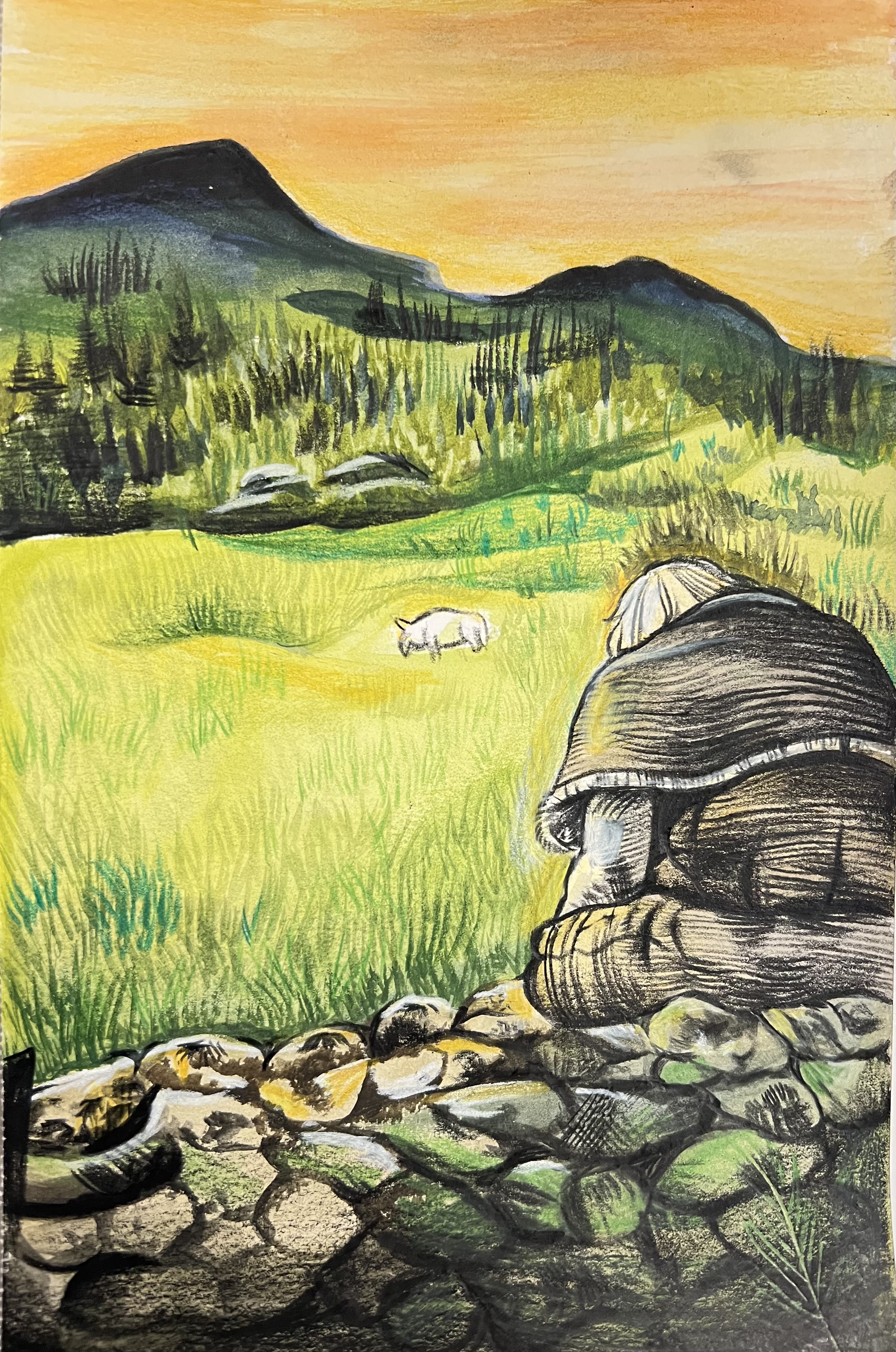 A colored pencil landscape of a highland field at sunset, with a grazing sheep and a hooded figure resting by a stone wall