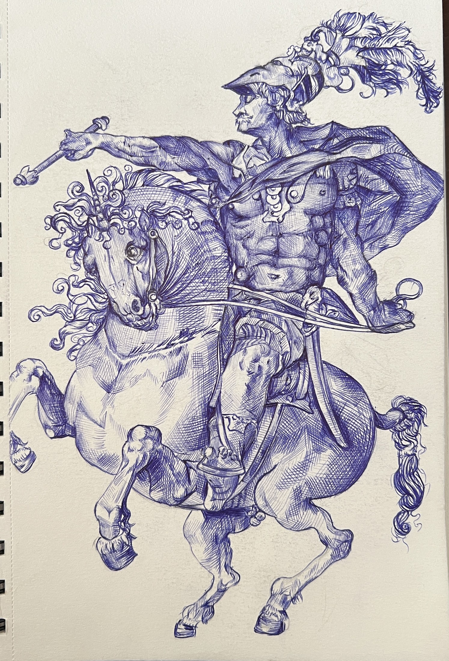 A detailed ink sketch of a knight on horseback