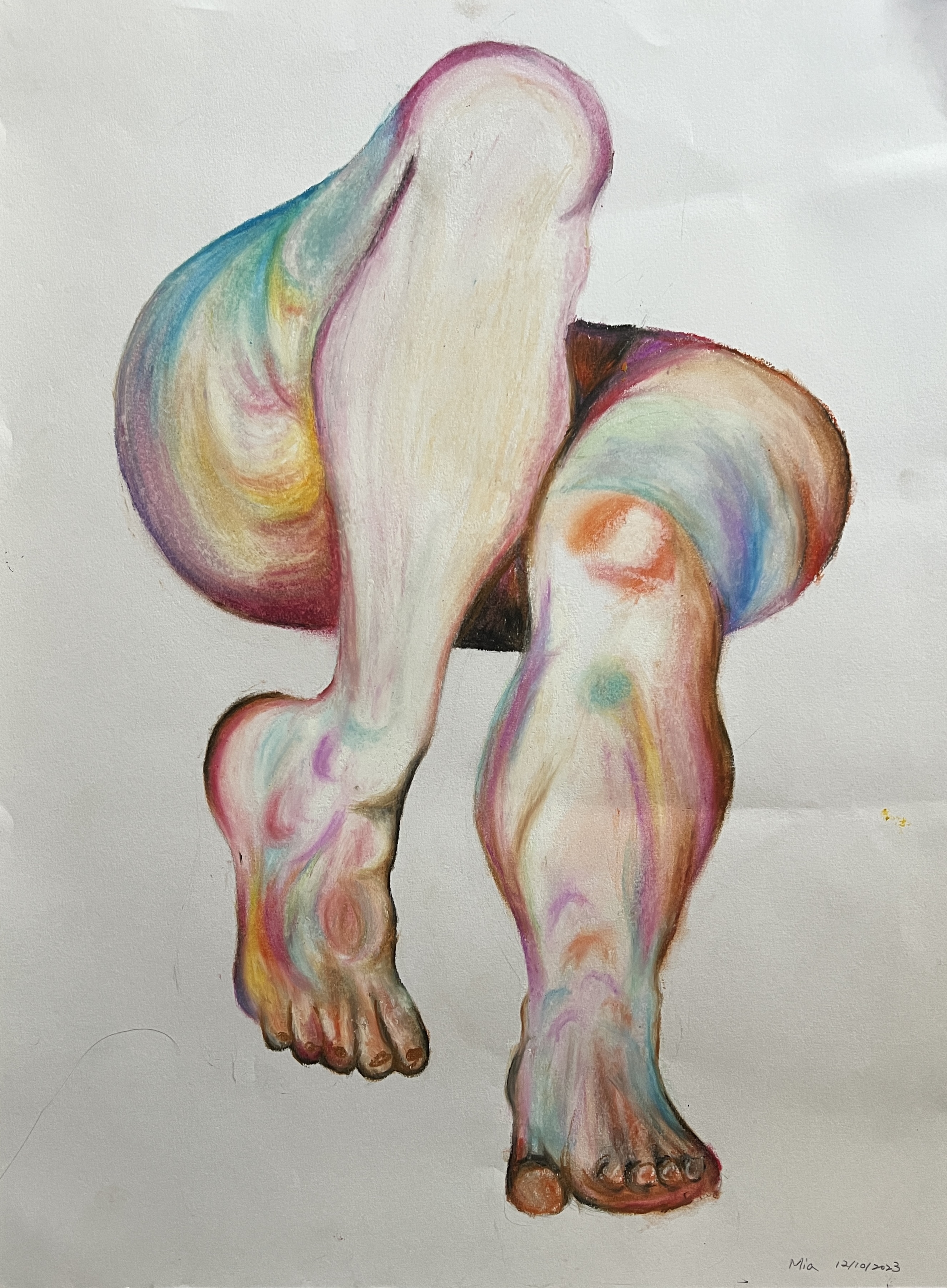 A colored pencil anatomical study of a pair of legs and feet in iridescent tones