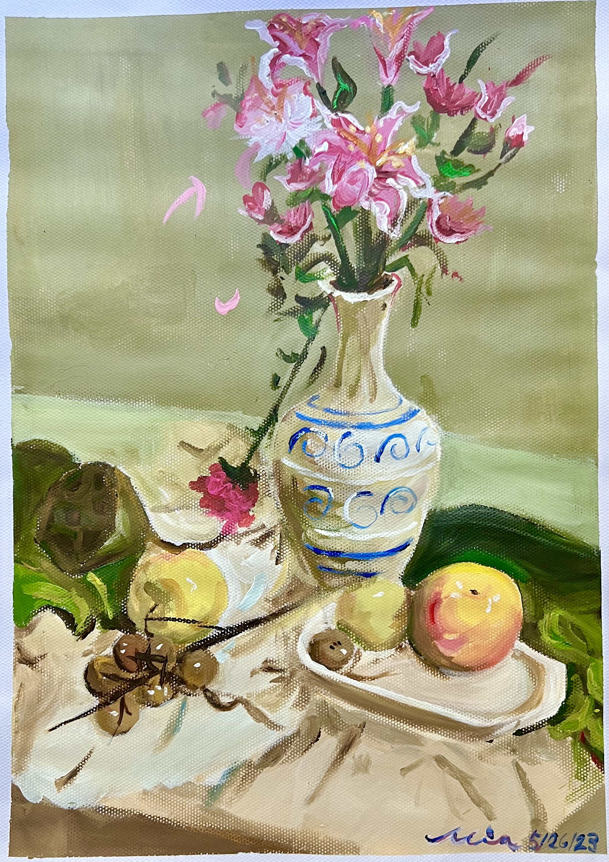 A still-life painting of pink lilies in a blue-and-white patterned vase, with fruit on the table beside it