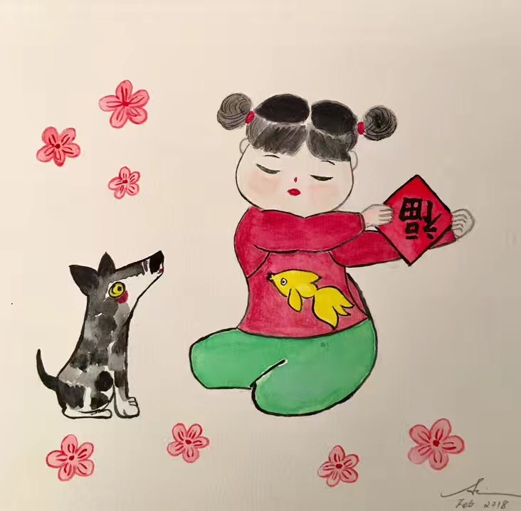 A watercolor and ink painting of a girl in a red sweater holding a red envelope, sitting with a dog, surrounded by plum blossoms