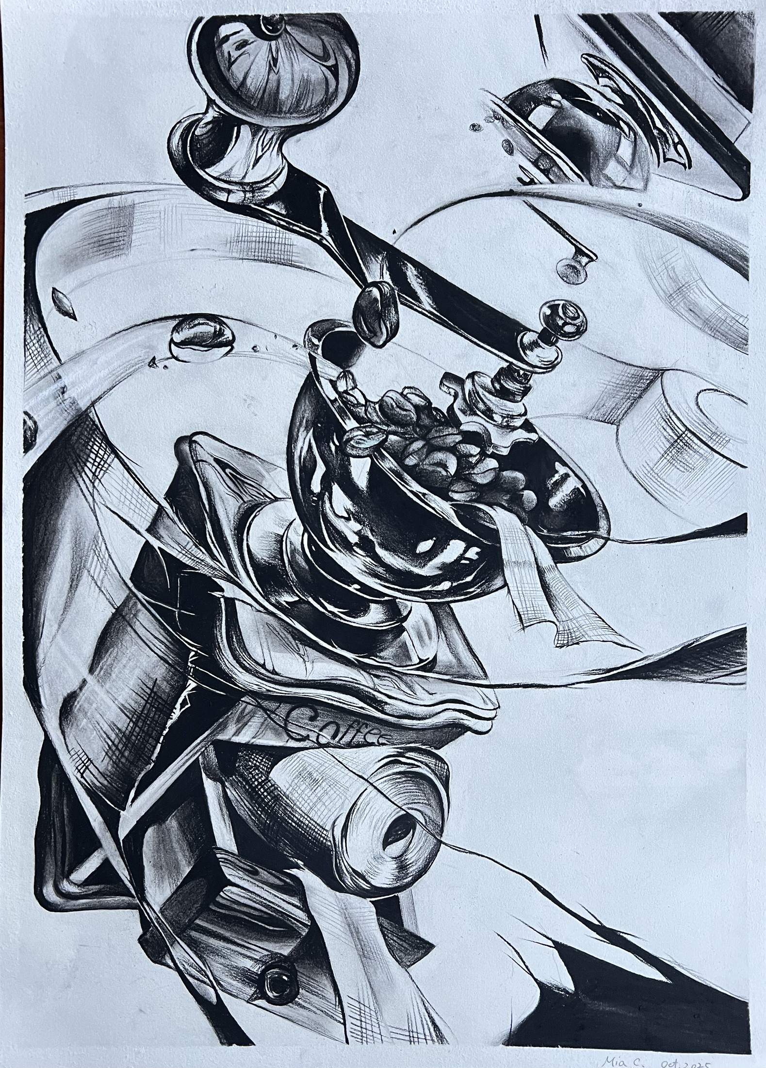 A black-and-white ink drawing of an abstract mechanical form