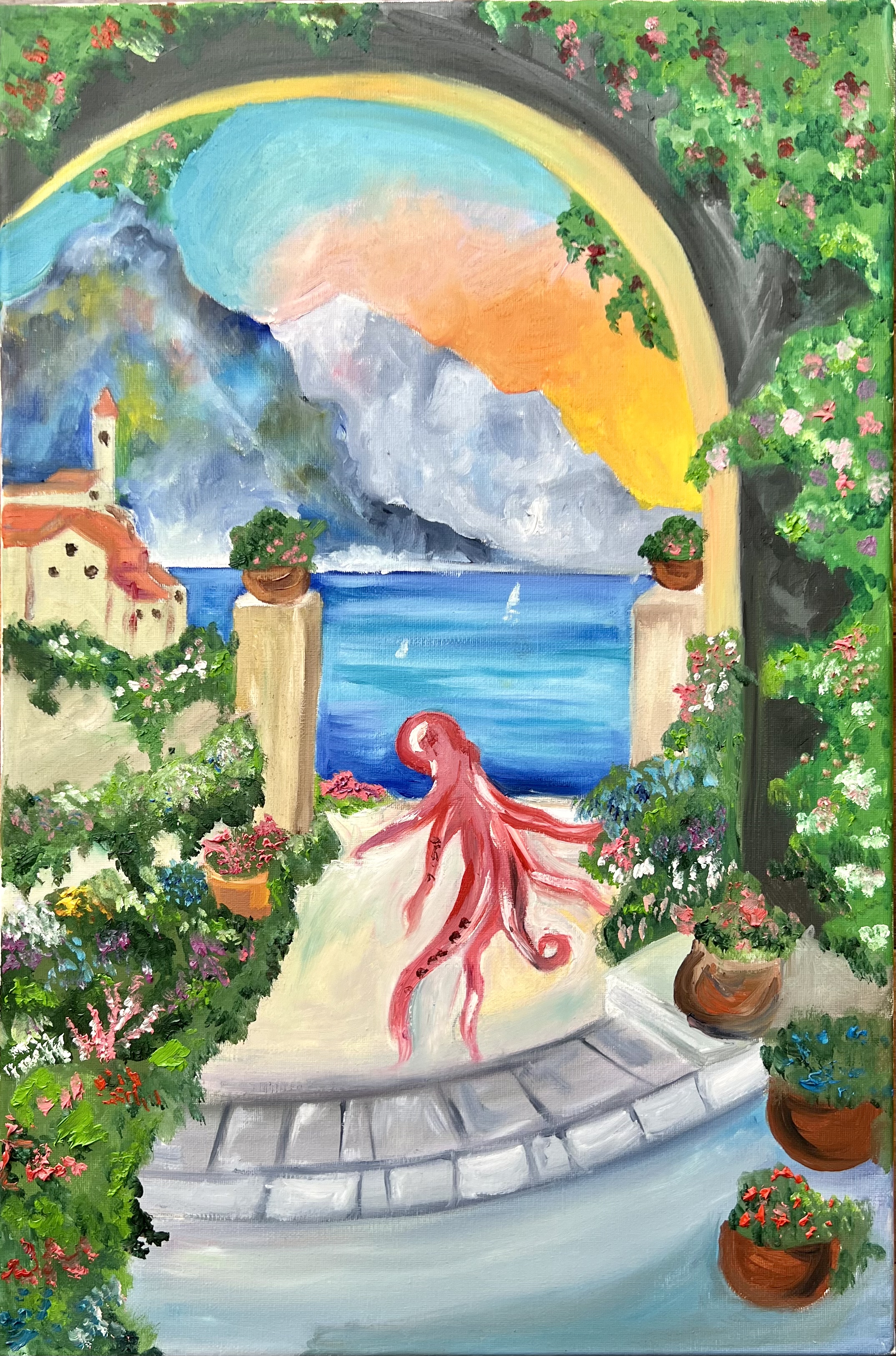 A painting of a flower-covered Mediterranean terrace overlooking the sea, with a large red octopus on the path