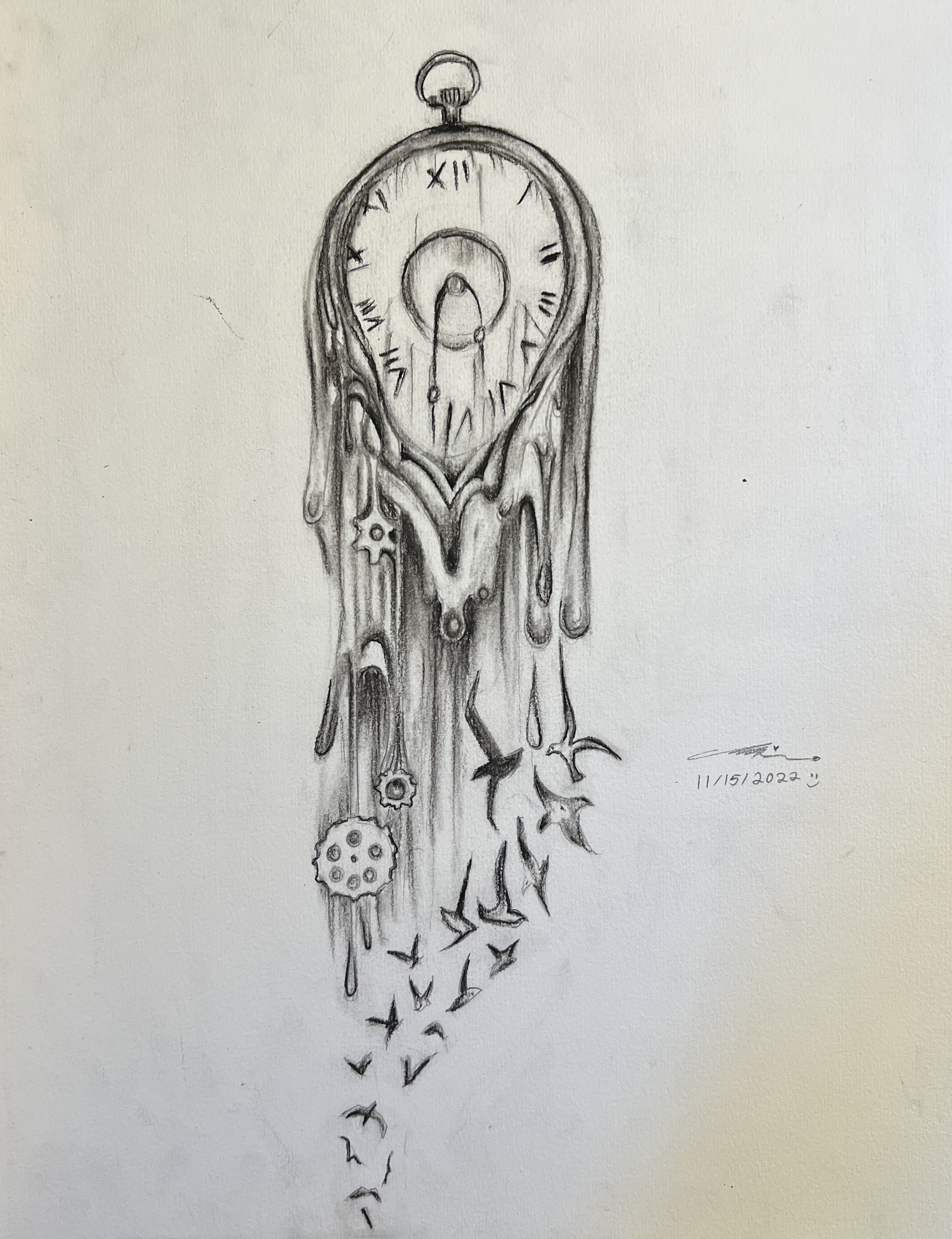 A surreal pencil drawing of a melting pocket watch dissolving into a flock of birds