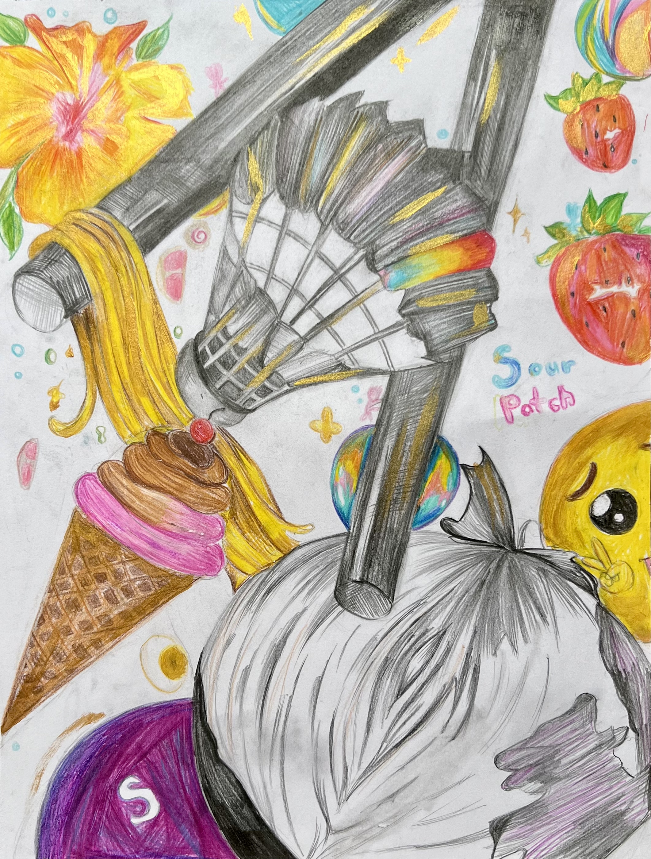 A colored pencil collage of a badminton racquet and shuttlecock, an ice cream cone, strawberries, and candy
