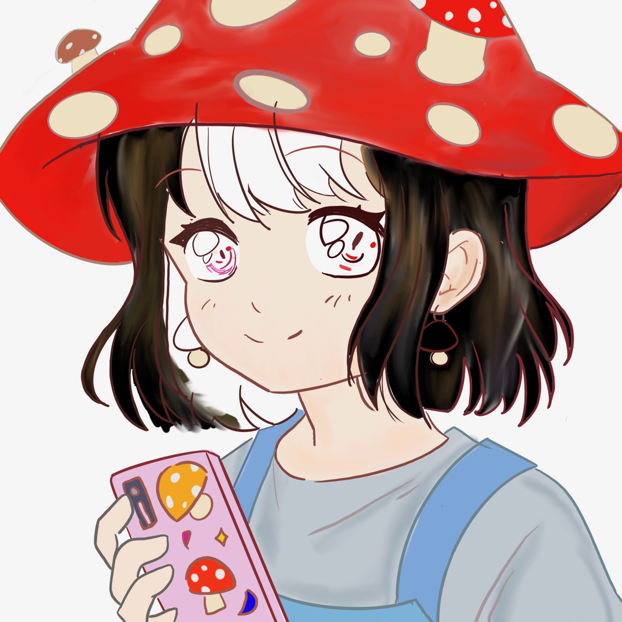 A digital illustration of a girl in a red spotted mushroom-cap hat, holding a mushroom-themed phone case