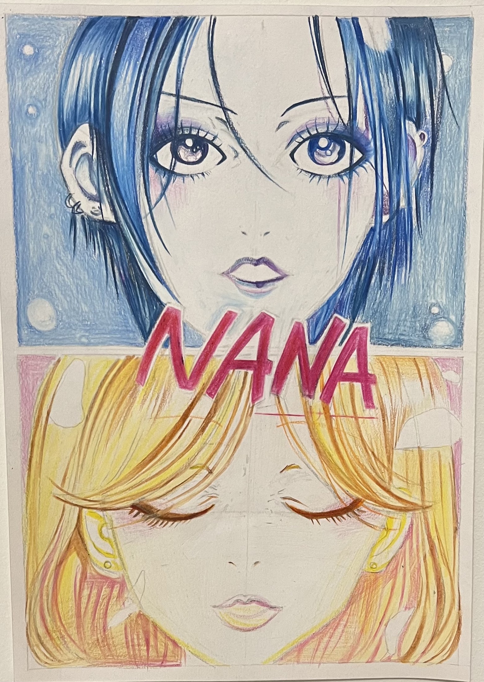 An anime-style fan art drawing of two characters, titled NANA