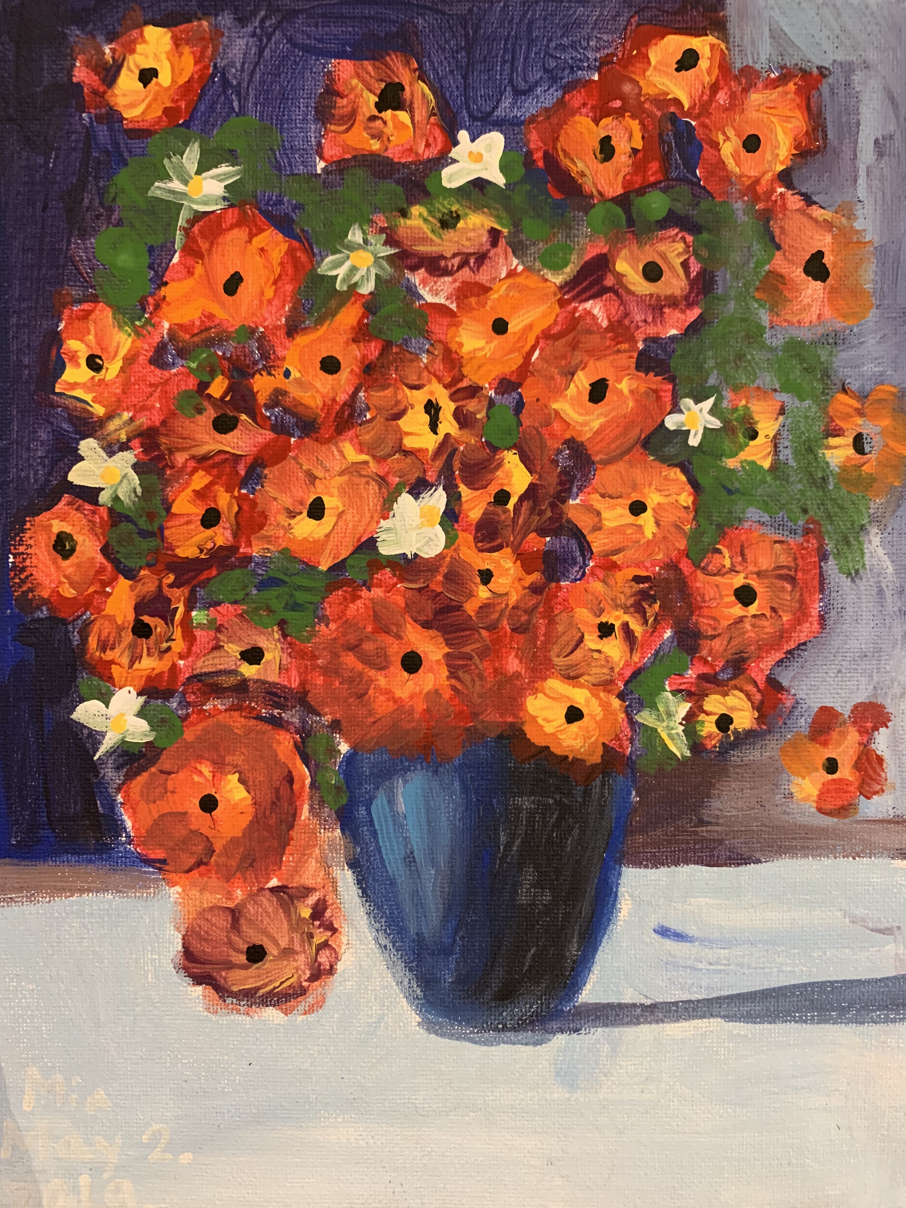 A still-life painting of orange flowers with white blossoms in a dark blue vase