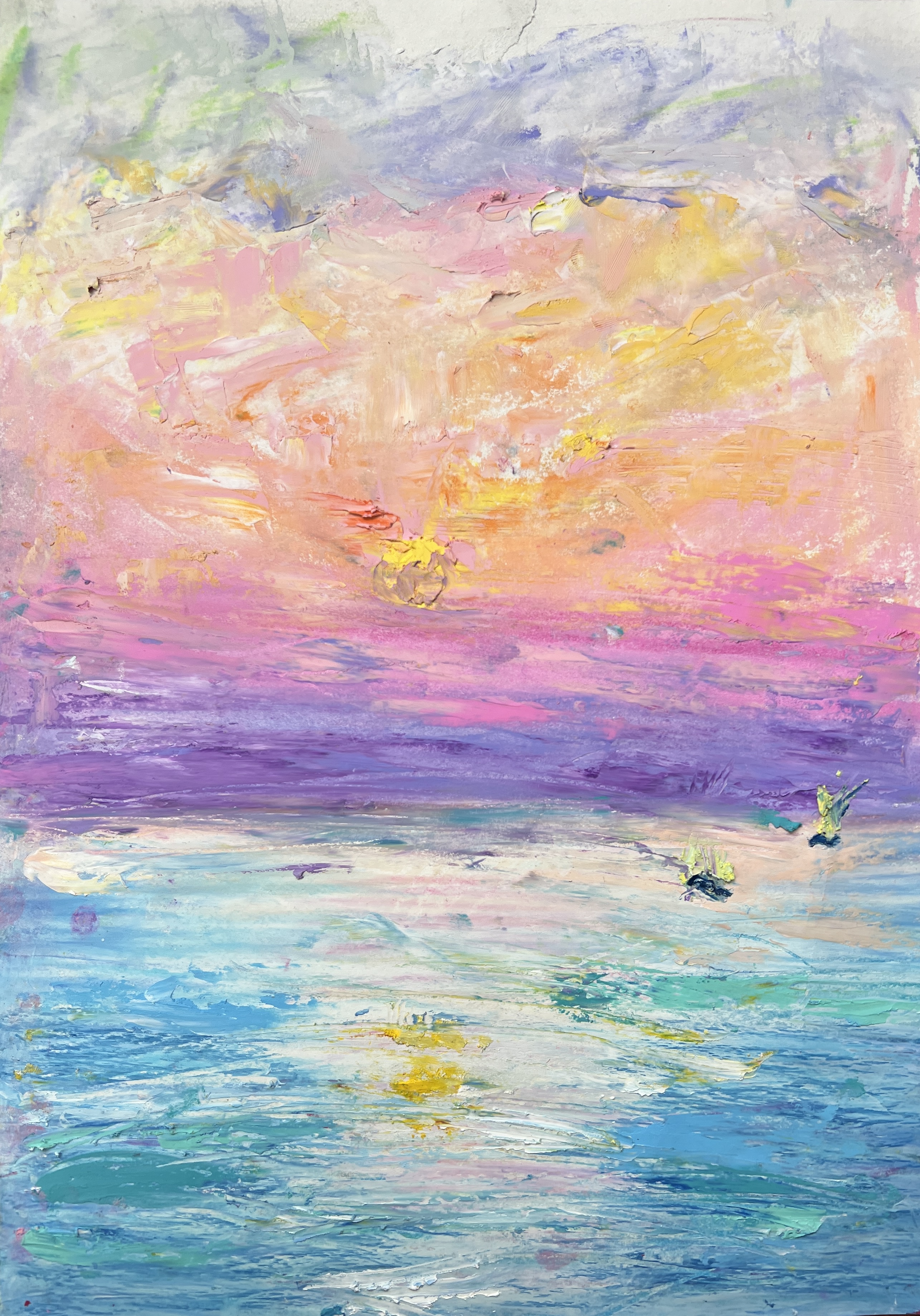 An abstract pastel-toned painting of a sunset over the ocean with two small sailboats