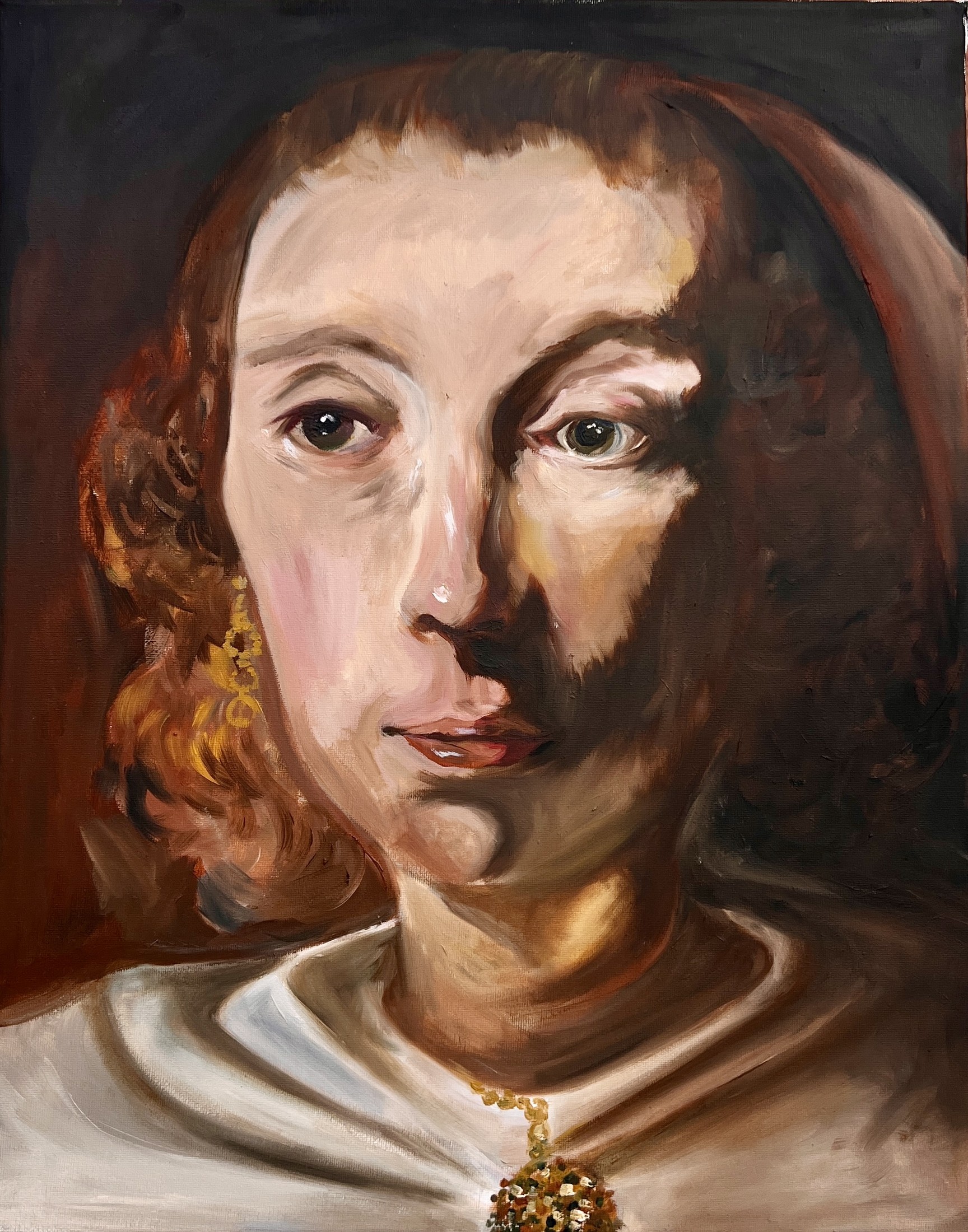 A realistic oil portrait painting of a young man