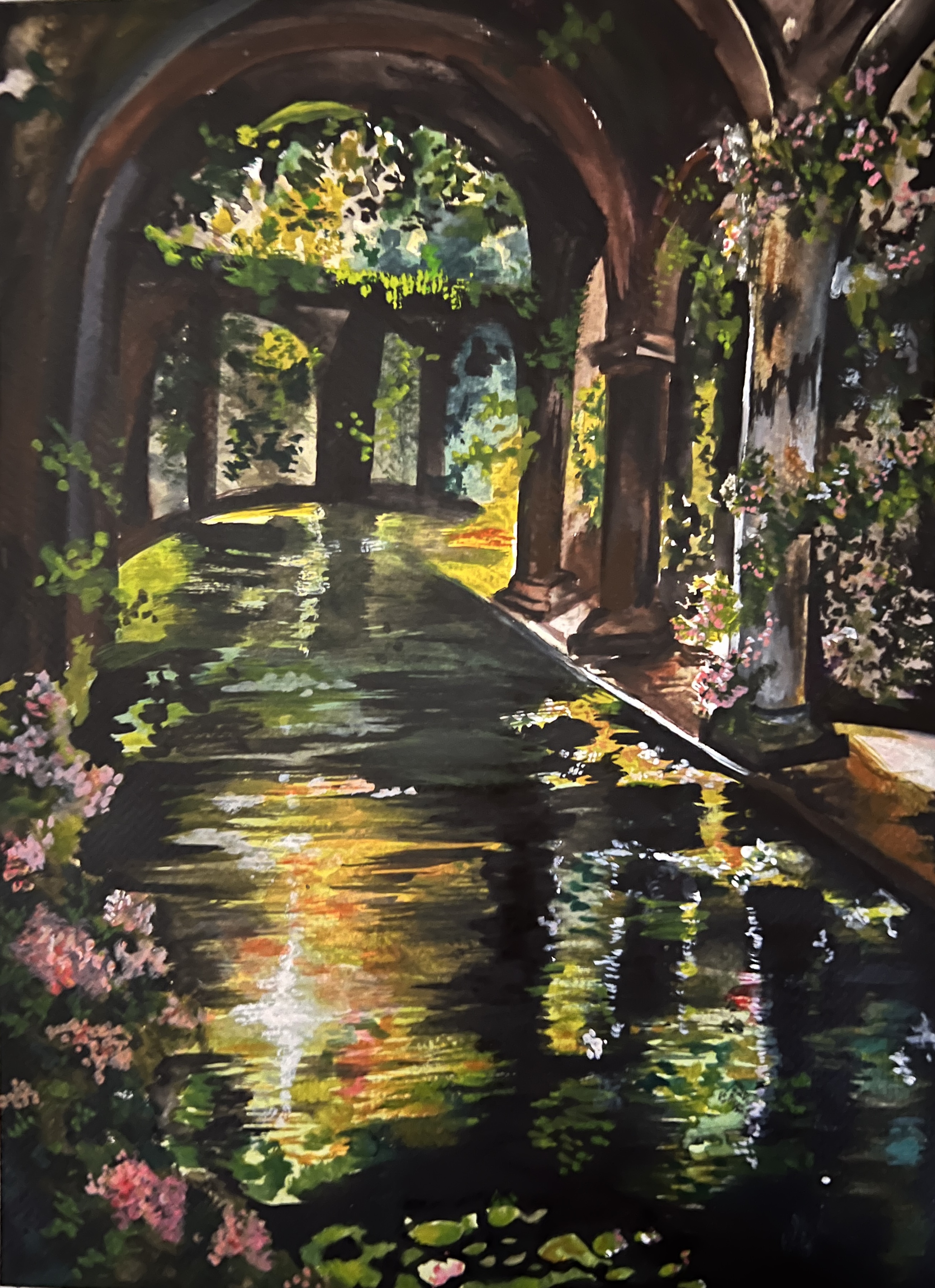 A painting of a flower-lined stone archway courtyard reflected in still water