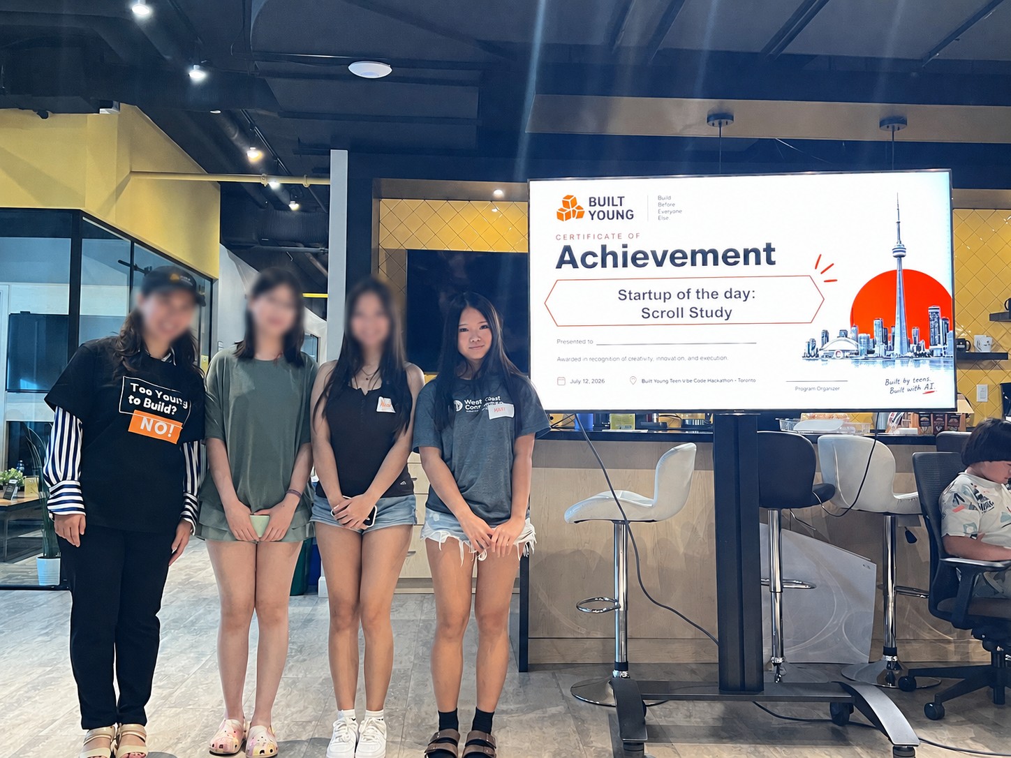Mia and teammates on stage after a Scroll Study achievement award
