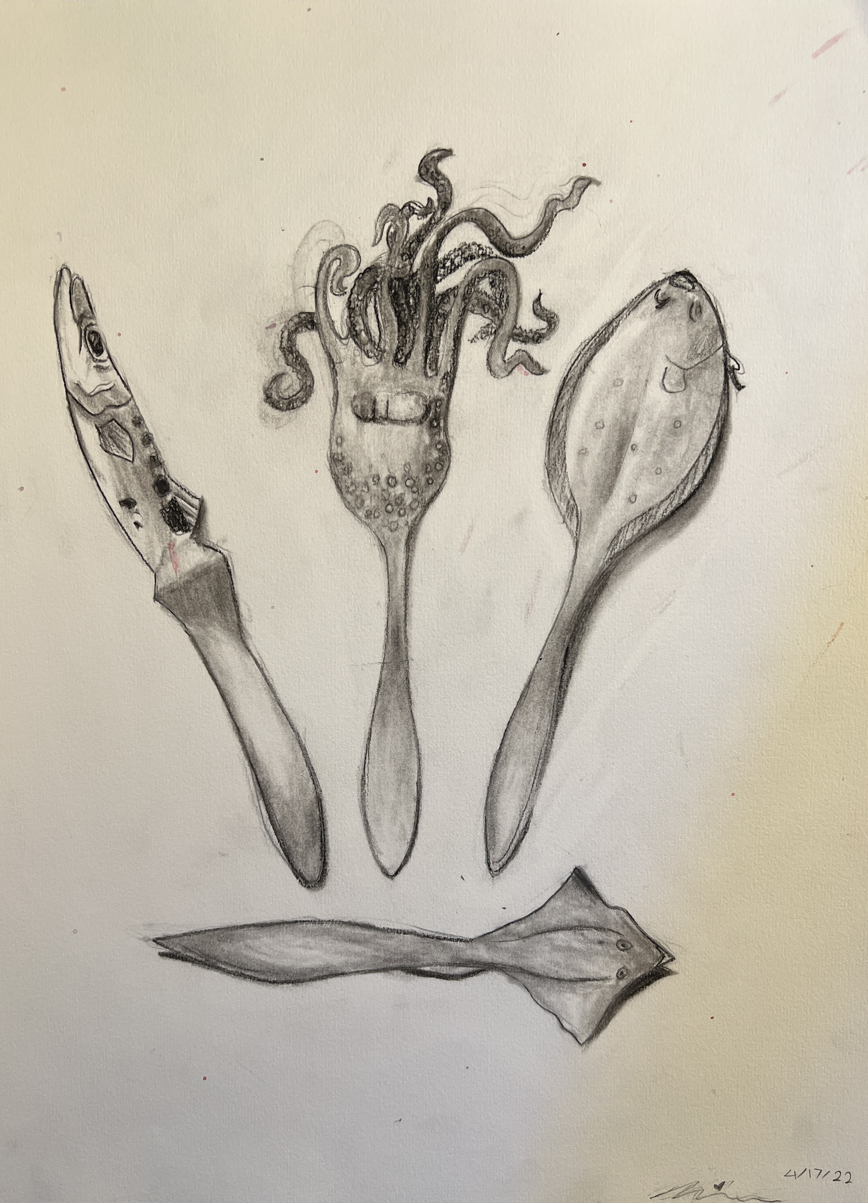 A pencil drawing of four pieces of cutlery reimagined as sea creatures — a fish-headed knife, an octopus fork, a fish spoon, and a squid knife