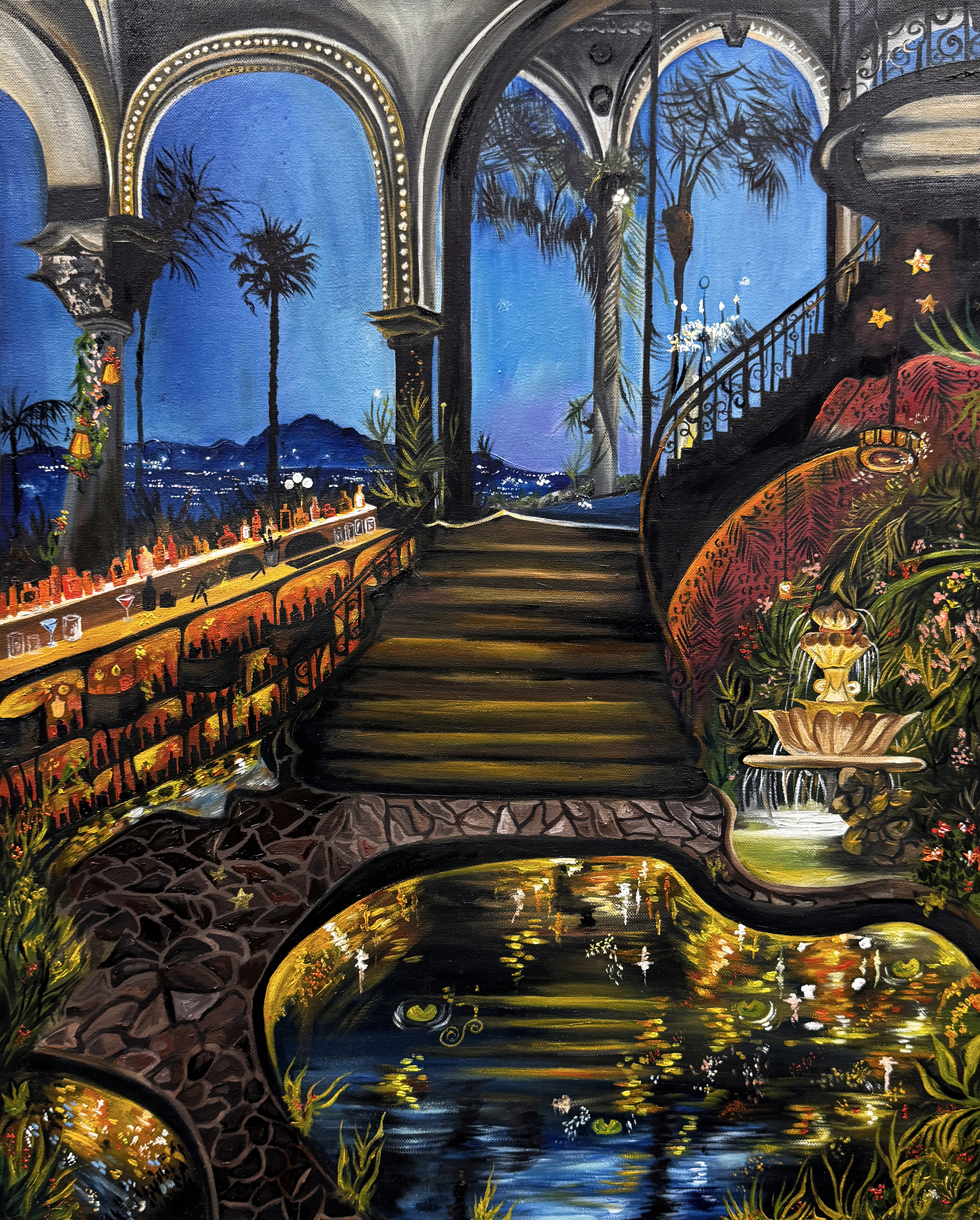 A colorful painting of a dreamlike garden staircase with glowing lanterns and flowers