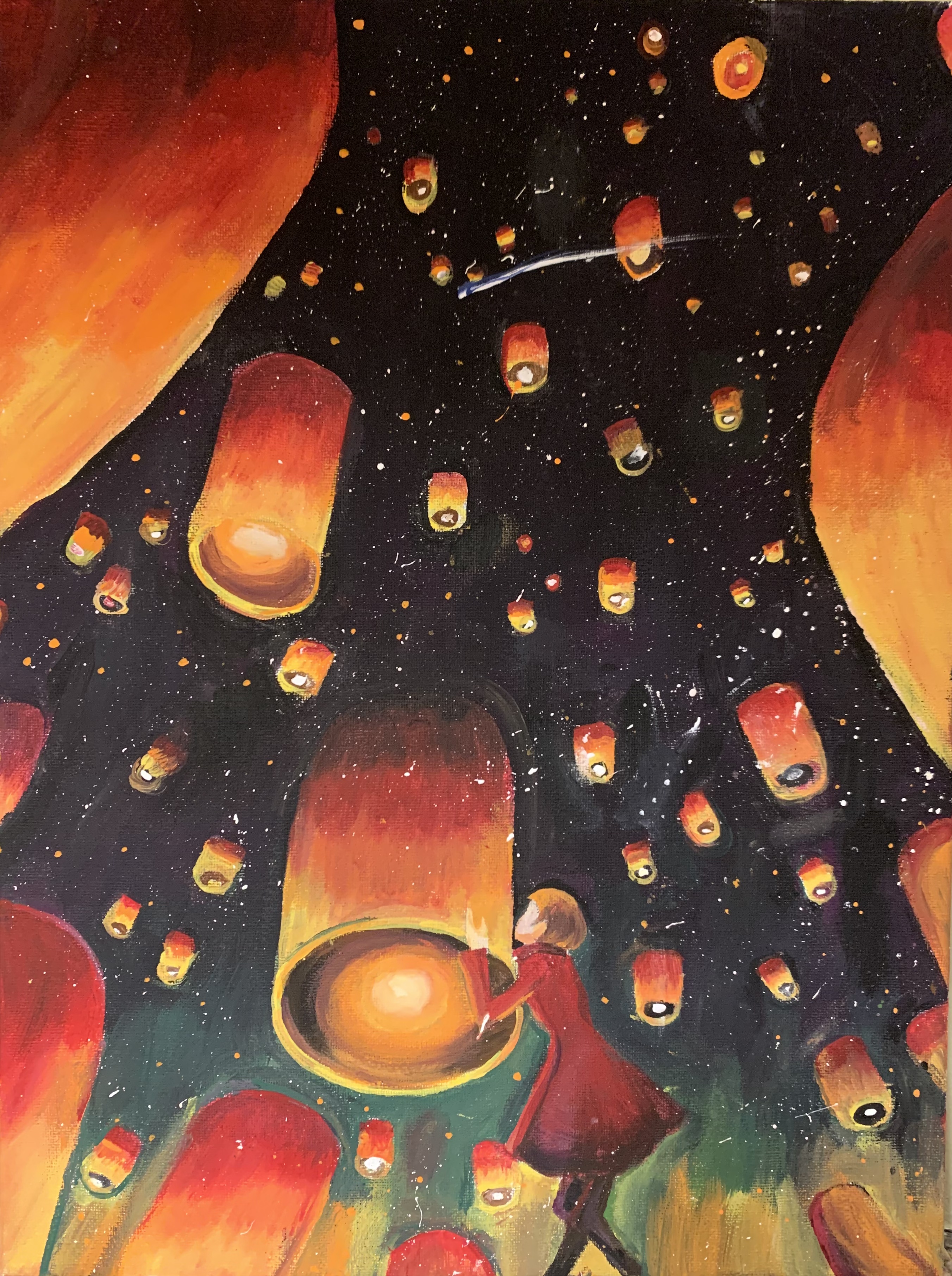 A painting of a girl releasing a glowing sky lantern into a night sky filled with floating lanterns and stars