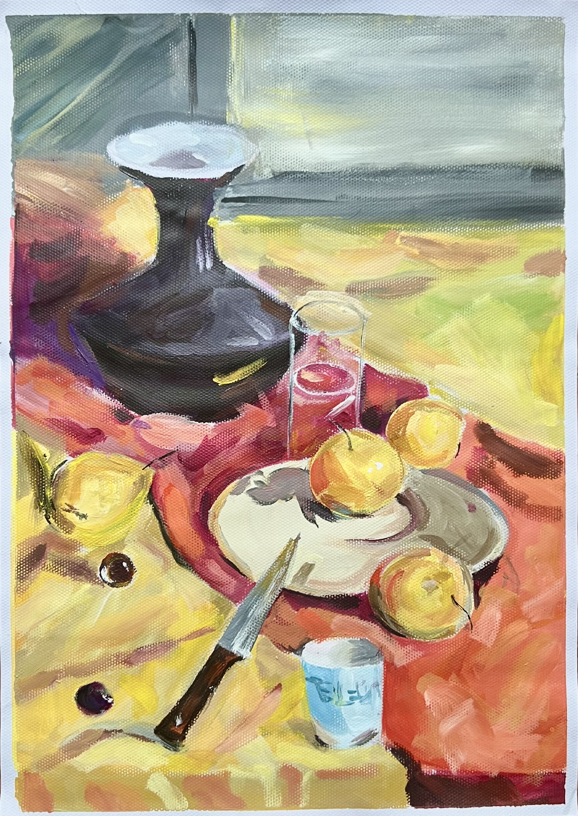 A still-life painting of a dark vase, apples, a knife, and a glass on a red and yellow cloth