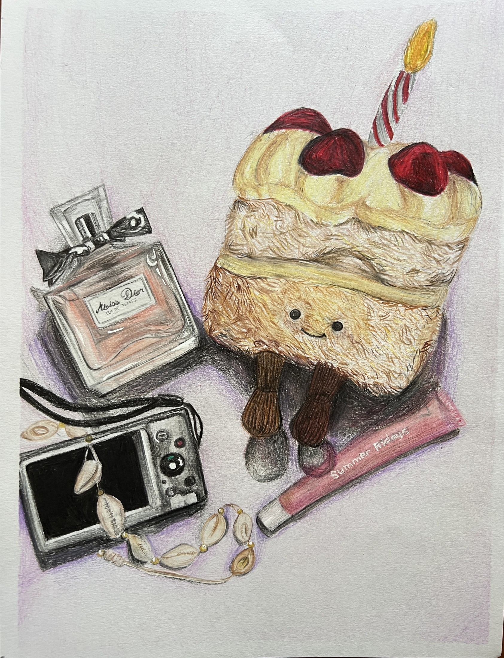 A still-life painting of a slice of cake, a perfume bottle, and a camera