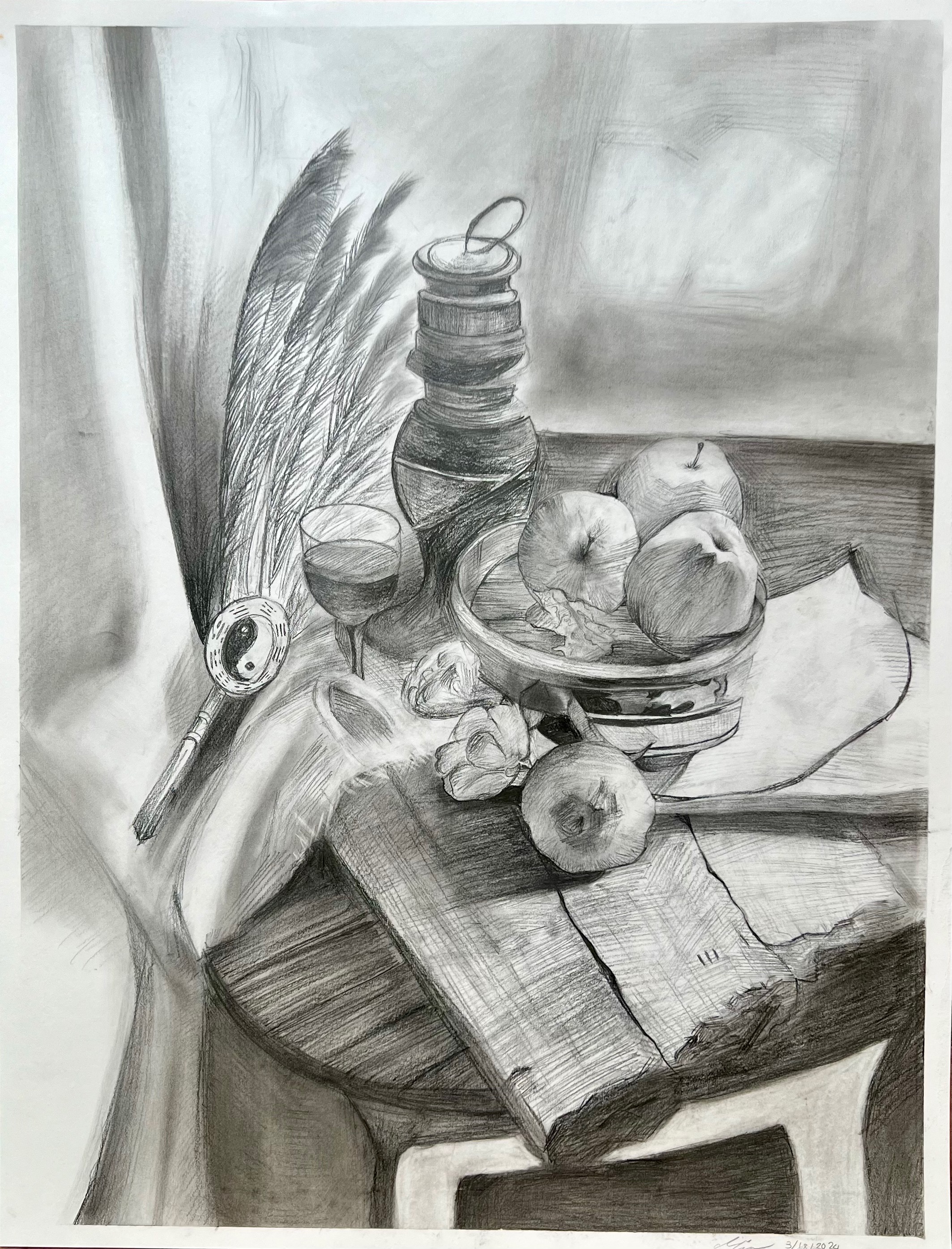 A graphite still-life drawing of feathers, a corked jug, a wine glass, and a bowl of apples on a cutting board