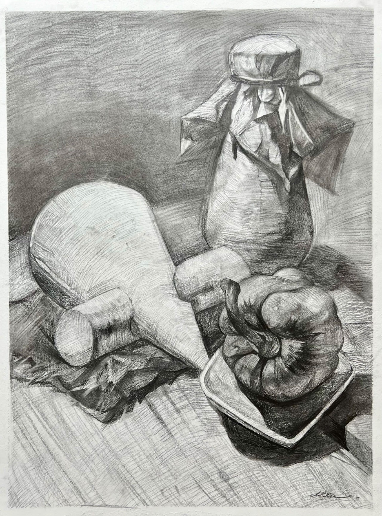 A graphite still-life drawing of a cloth-covered jar, a wheel of cheese, and a piece of ginger root