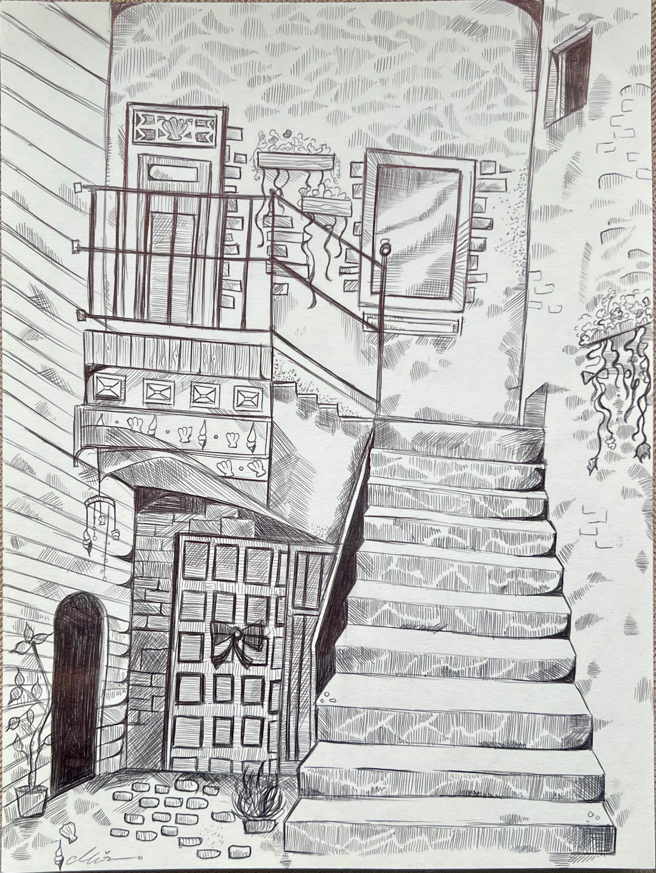 A detailed ink drawing of an old stone stairway and alley with balconies, doors, and hanging plants