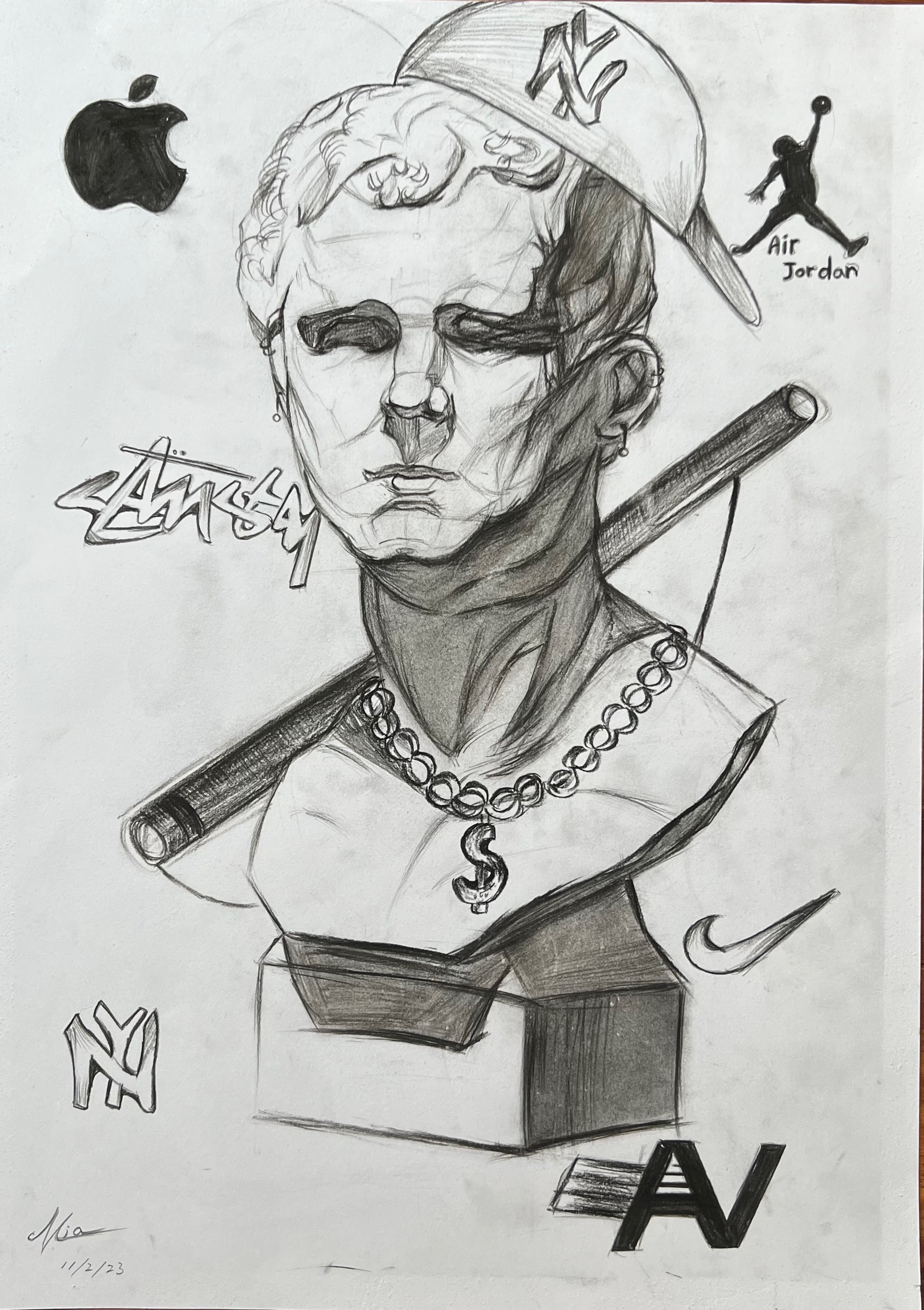 A pencil drawing of a classical marble bust wearing a backwards baseball cap, layered with streetwear brand logos