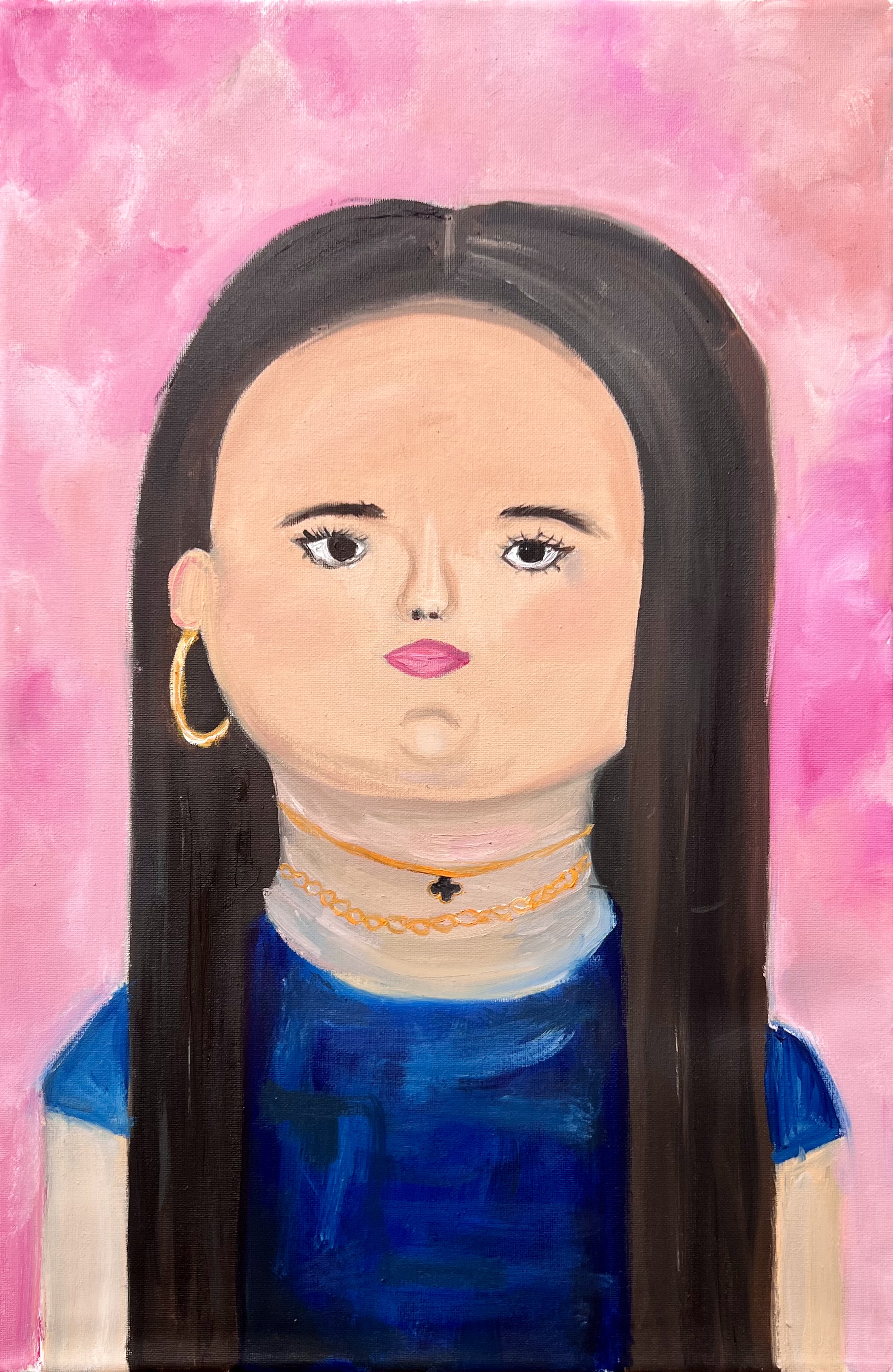 A stylized painted portrait of a girl with a large rounded head, long dark hair, and gold jewelry, against a pink background