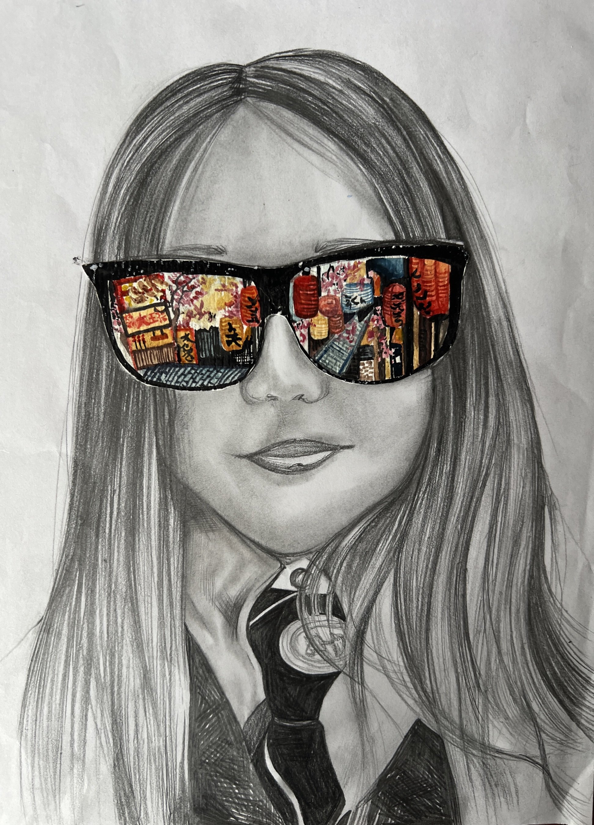 A graphite and colored-pencil portrait of a girl wearing sunglasses that reflect a lantern-lit street scene