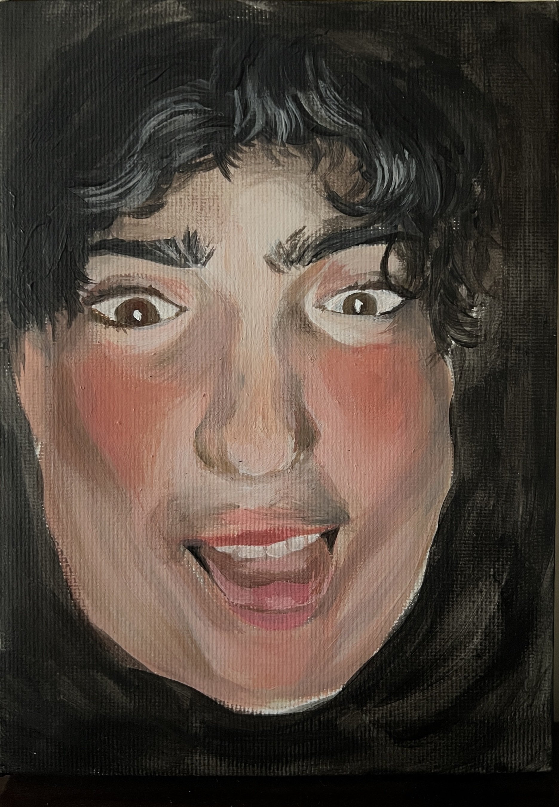 A textured oil painting of a face with a wide-eyed, open-mouthed expression
