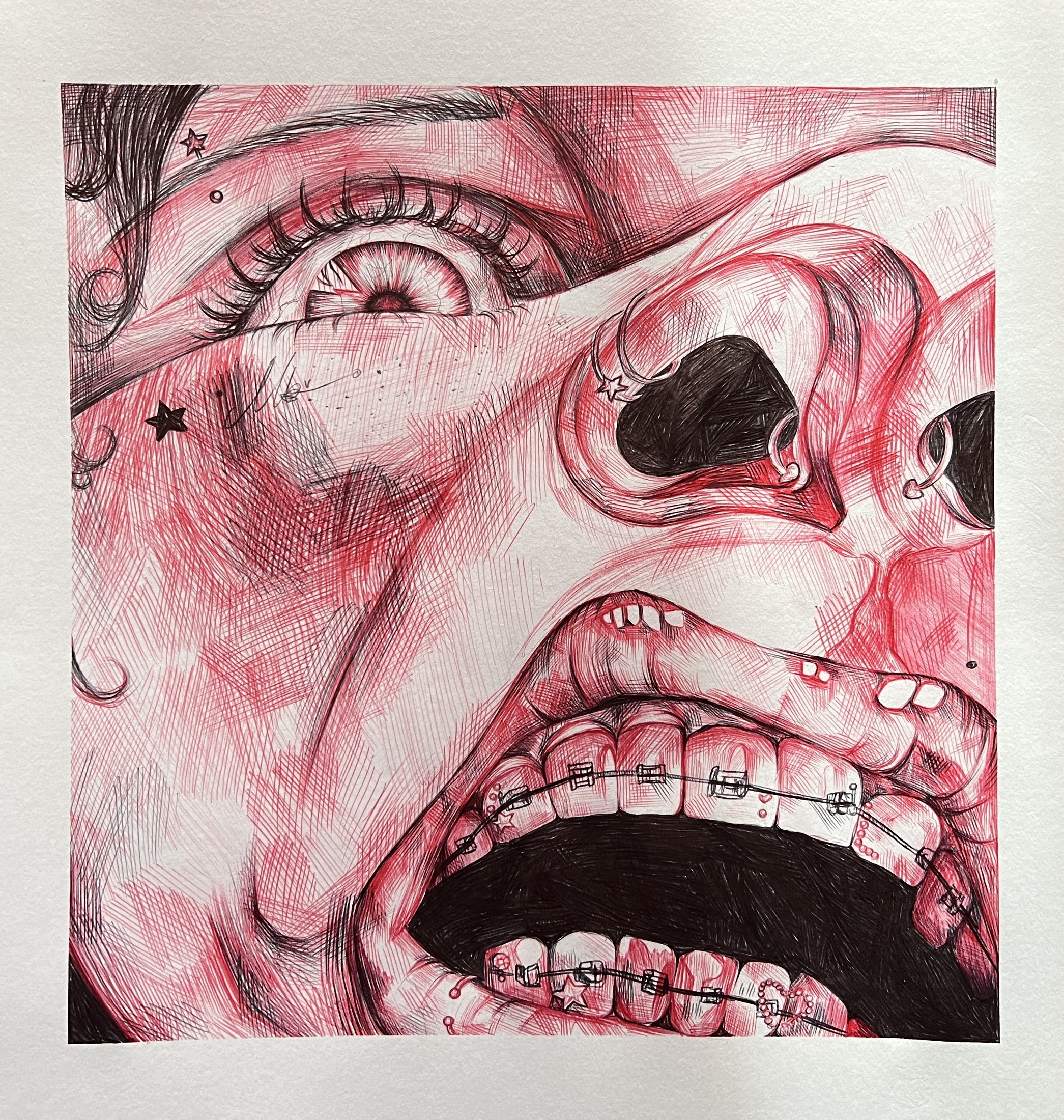 An expressive painting of a face with braces, mid-shout, in red and pink tones