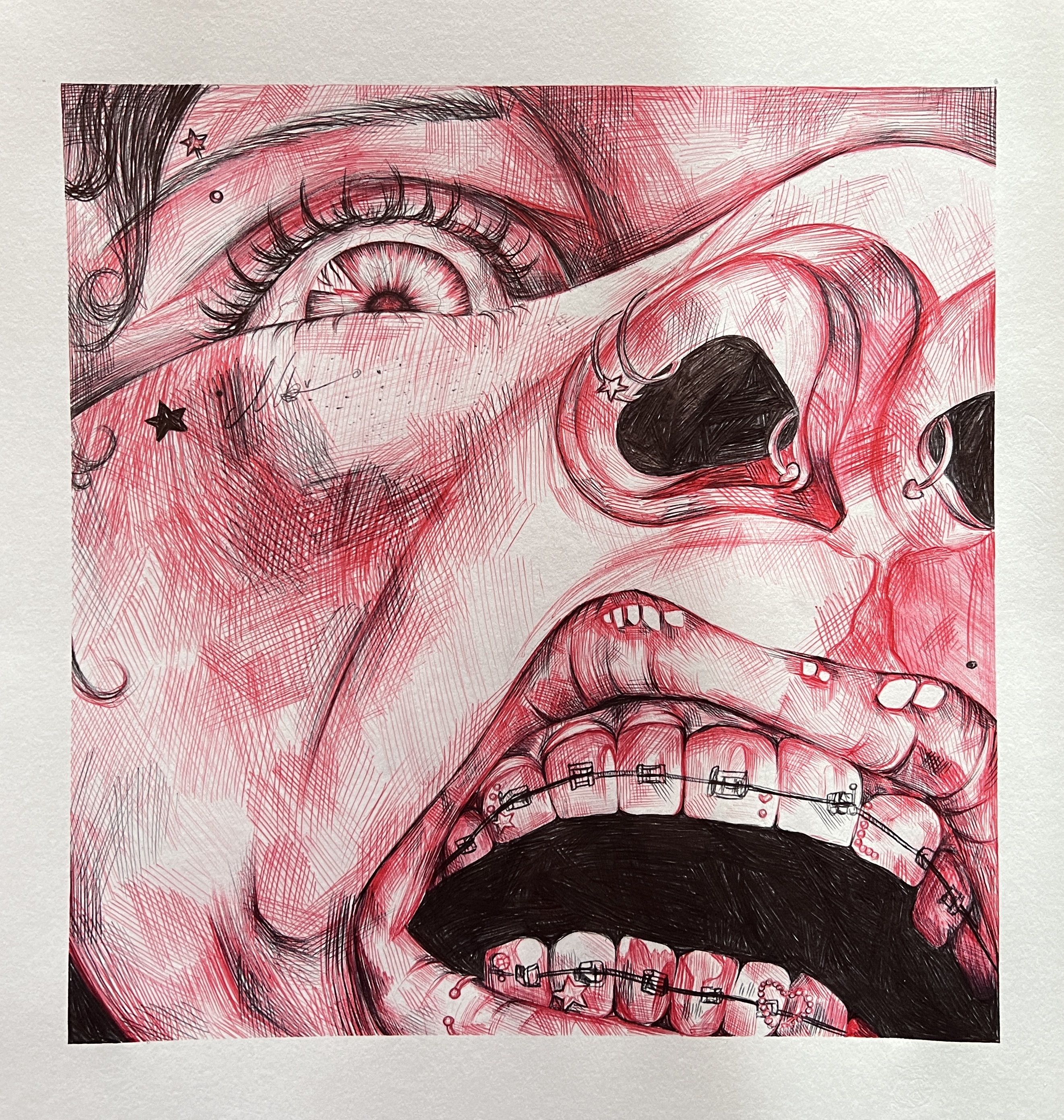 A close-up ink drawing of a face with braces, mid-shout, shaded in red tones