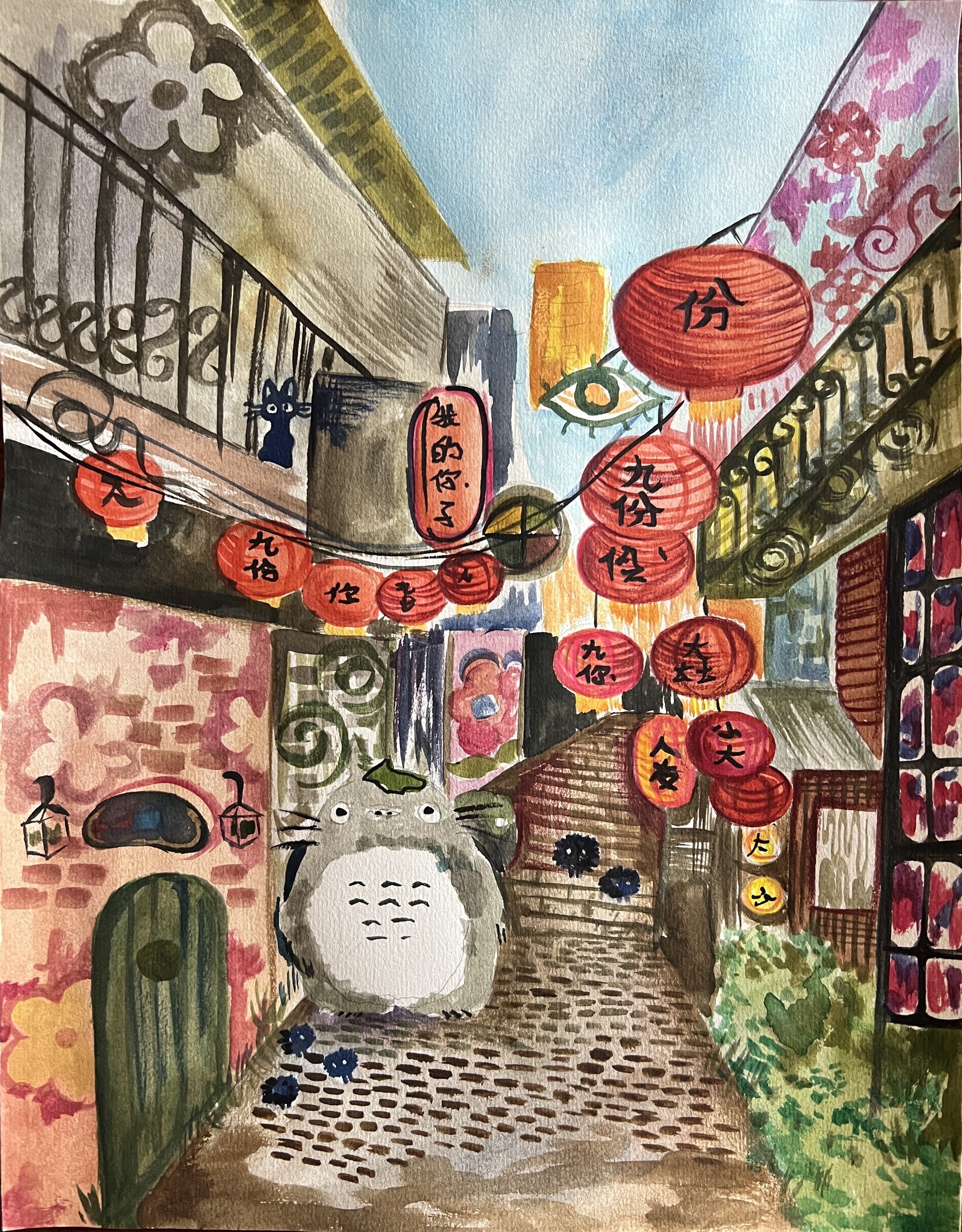 A watercolor painting of Totoro in a lantern-lined alleyway, Studio Ghibli-inspired fan art