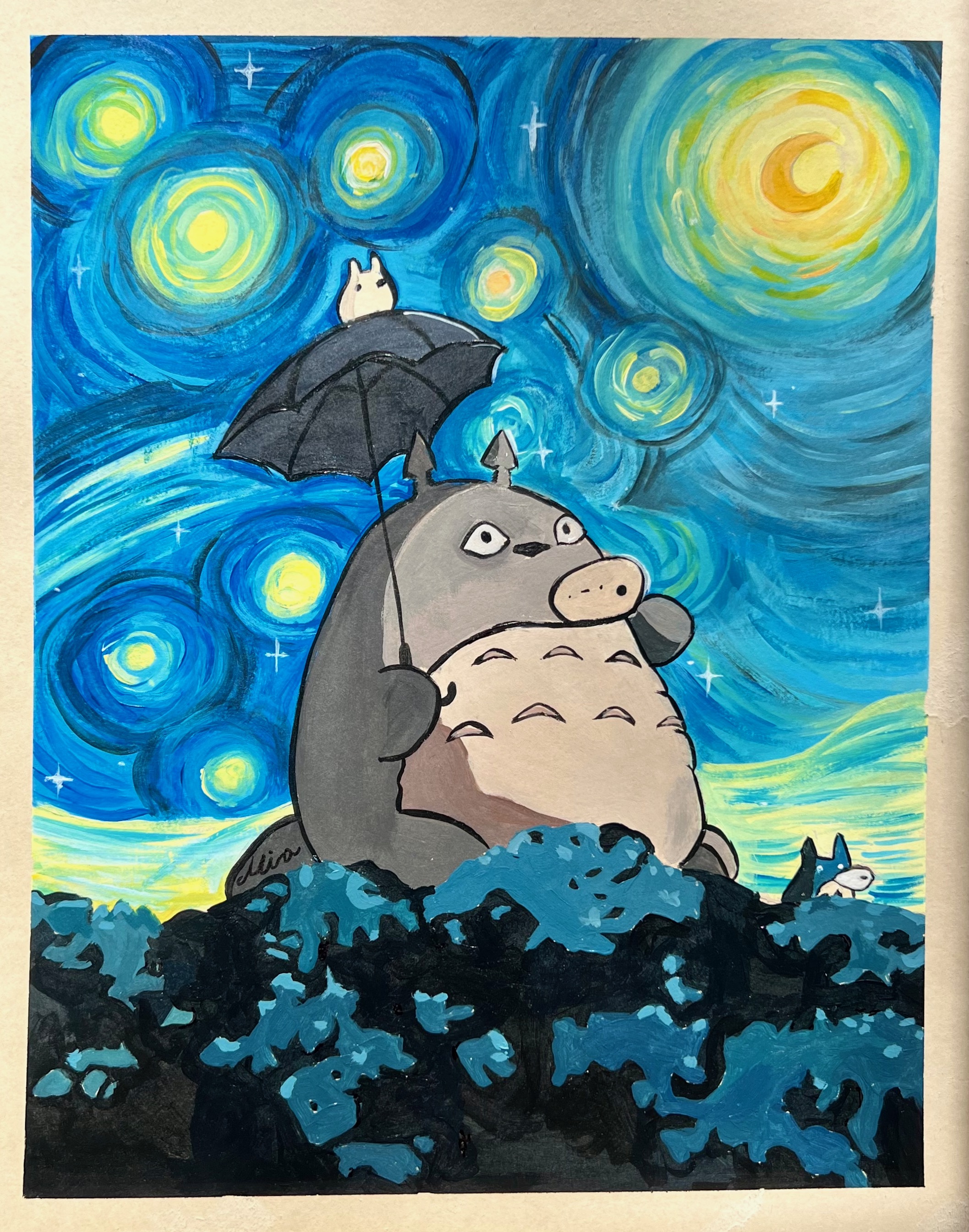 A painting of Totoro holding an umbrella under a Van Gogh Starry Night-style sky, fan art in Mia's own hand