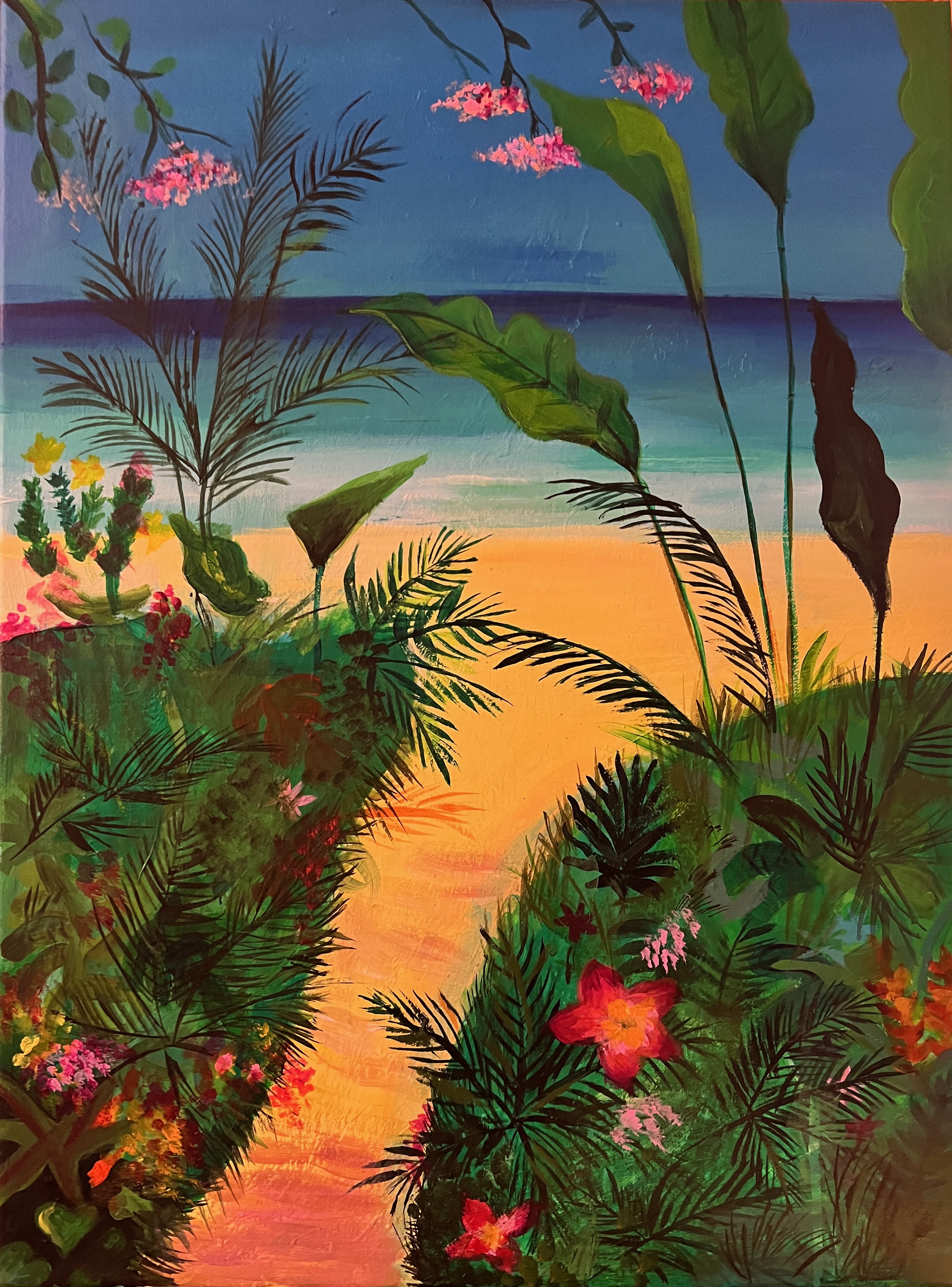 A painting looking through tropical foliage and flowers down a sandy path toward the ocean at dusk