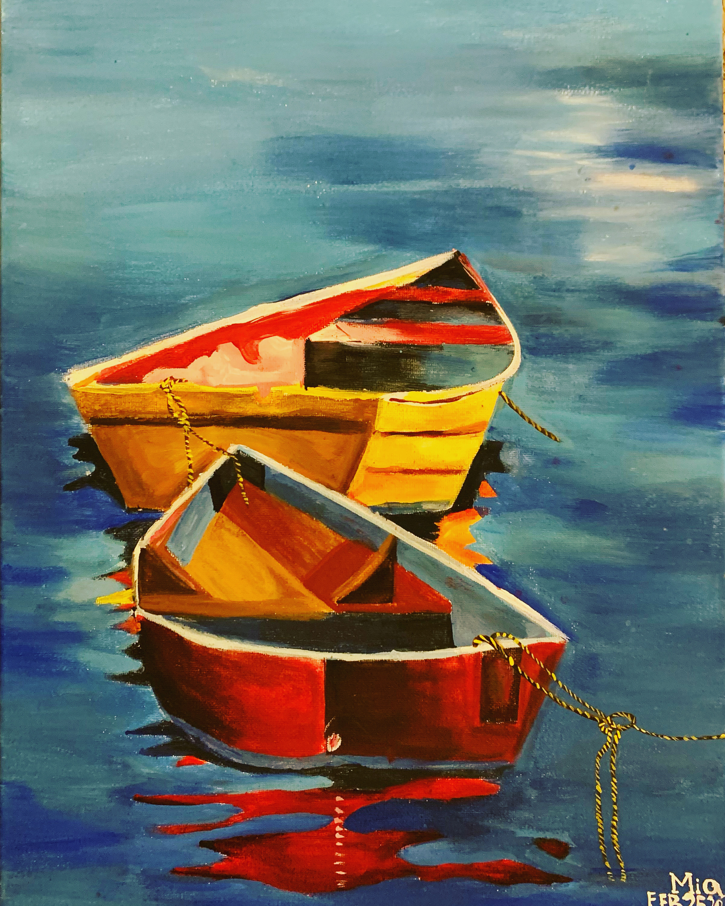 A painting of two moored rowboats, one yellow and one red, reflected on calm blue harbor water