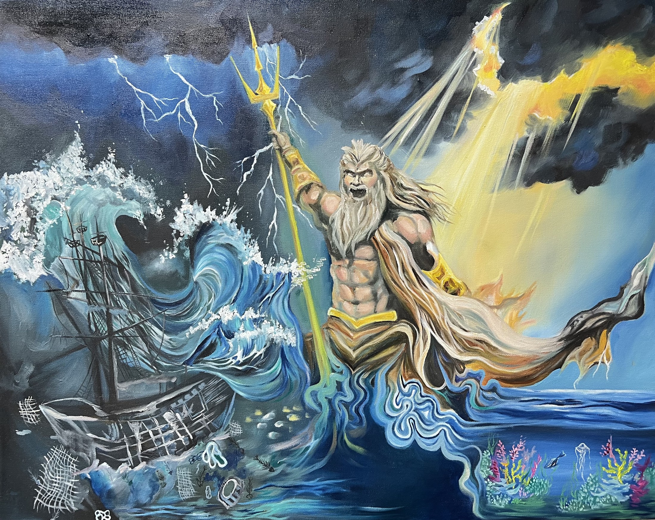 A painting of a stormy sea with a mythological figure wielding a trident over a ship
