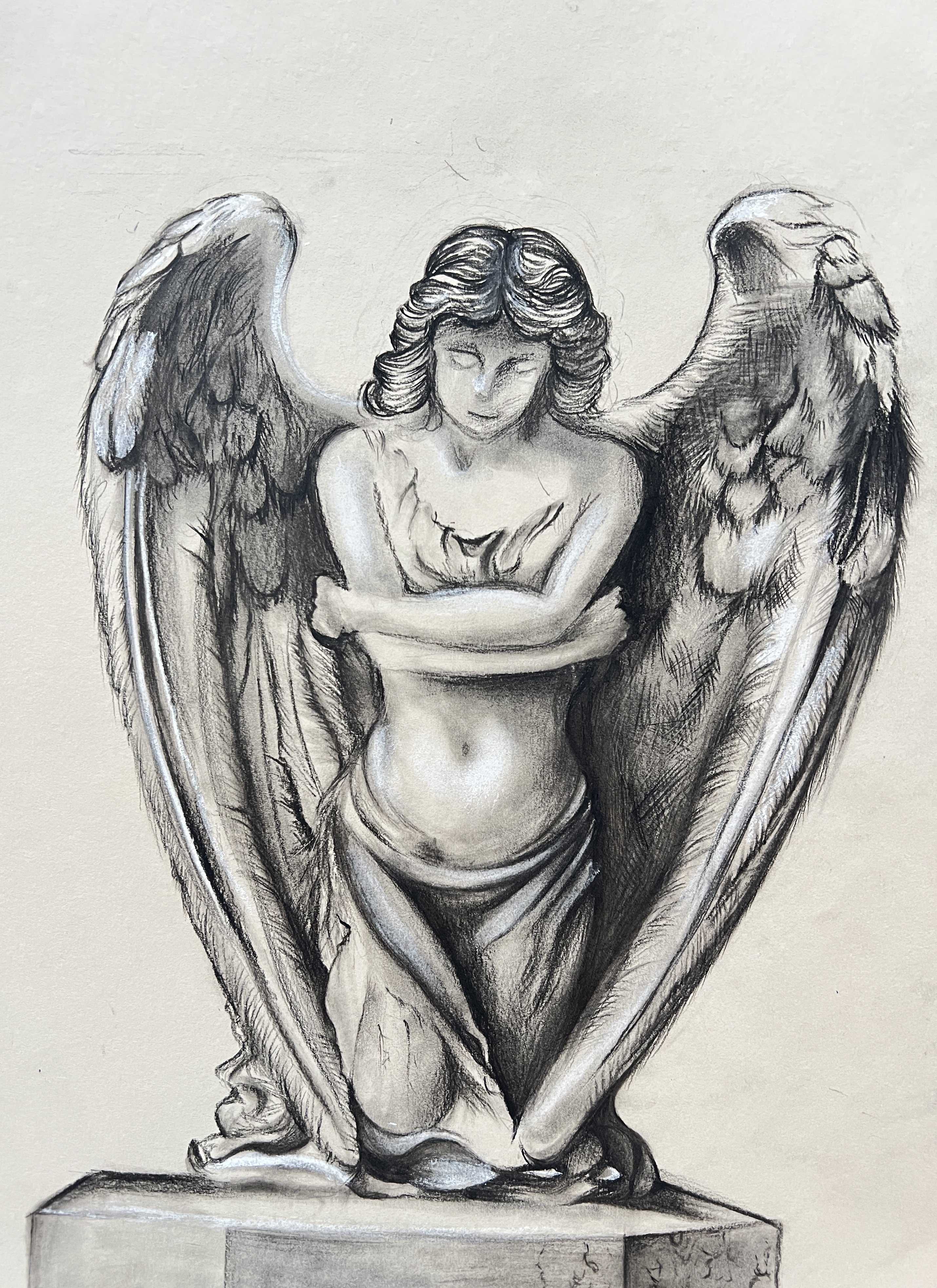 A charcoal drawing of a mourning angel statue with large feathered wings, kneeling with head bowed