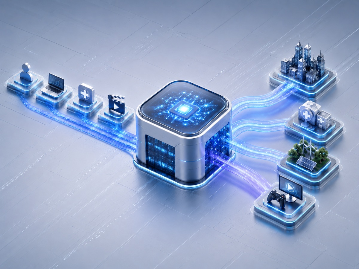An AI processor drawing in data from everyday sources — people, devices, healthcare, media — and turning it into smart-city, healthcare, energy, and entertainment applications.